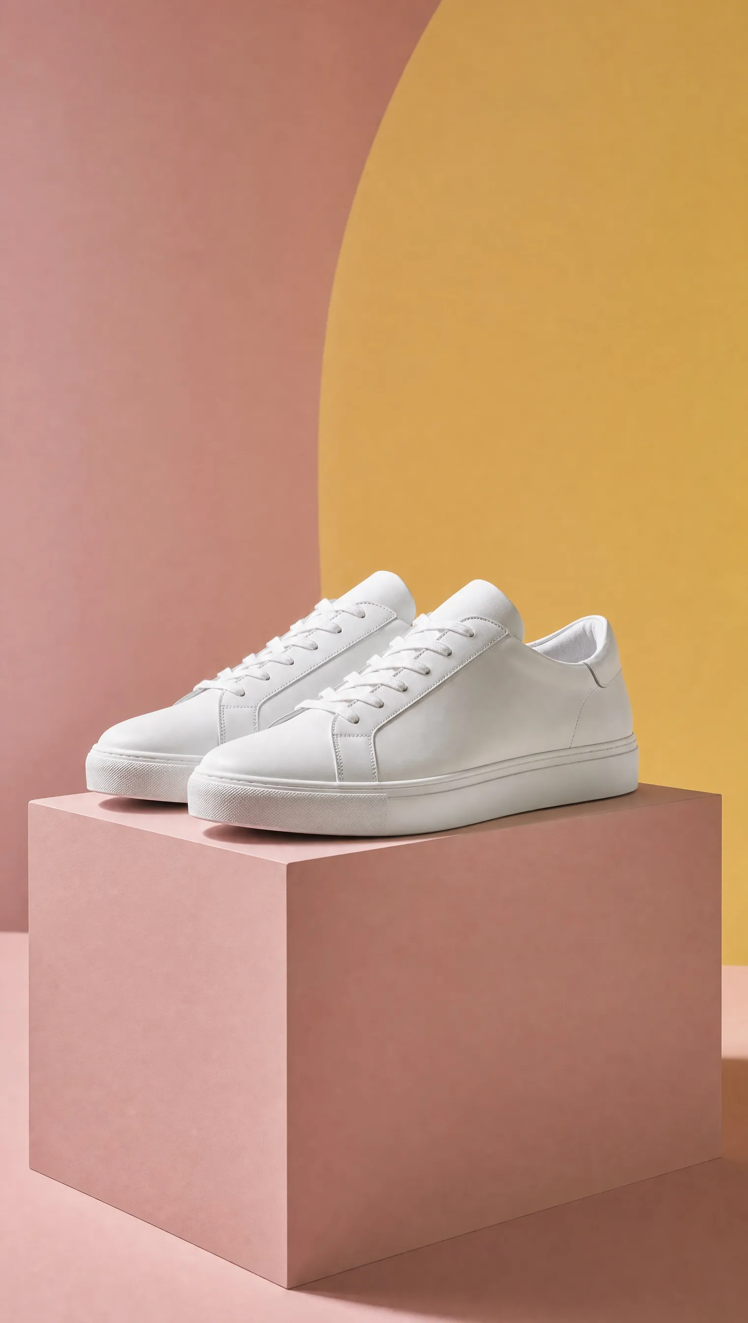 A pair of plain white sneakers on a plinth