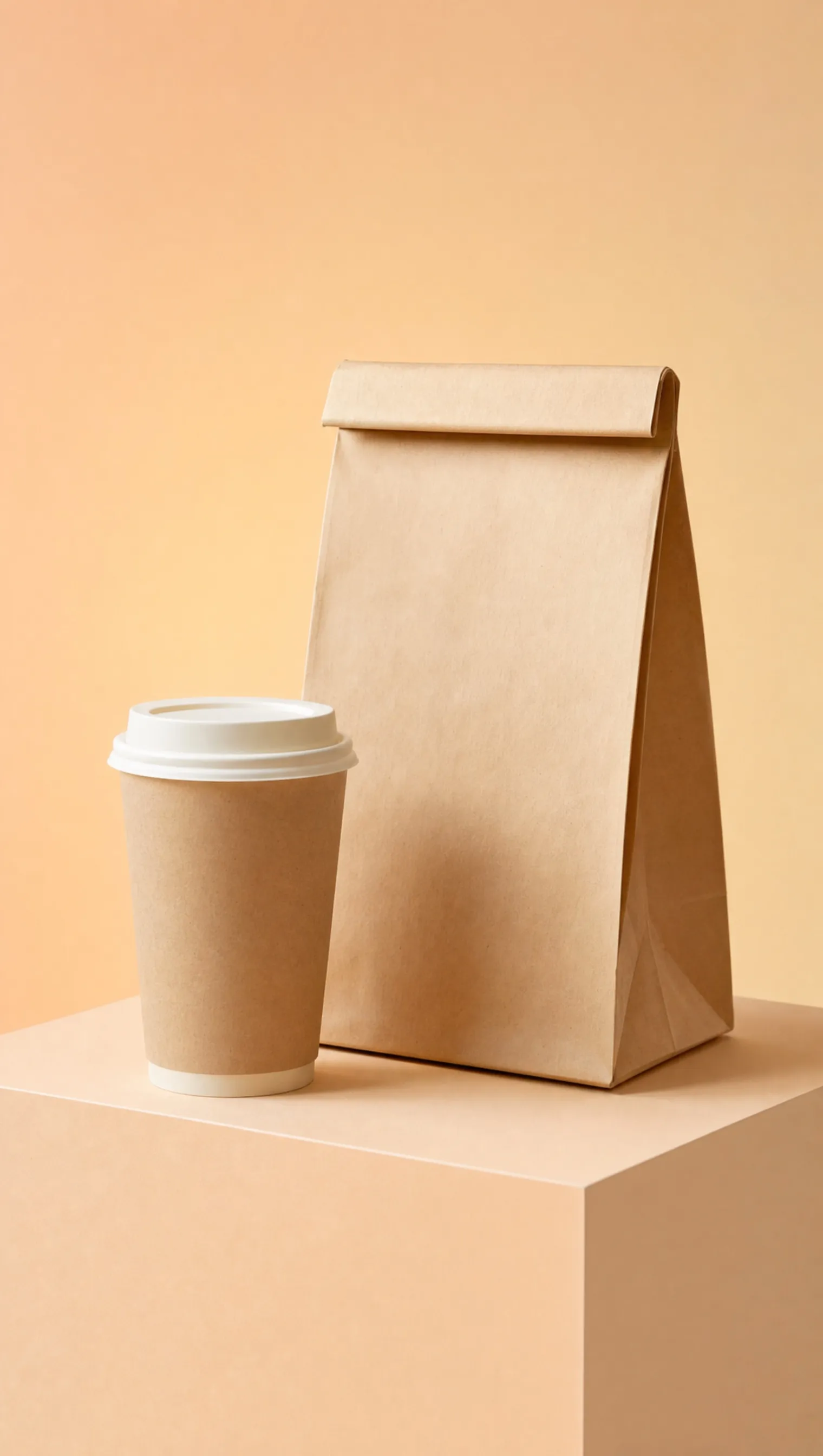 A takeaway coffee cup and a paper bag on a plinth