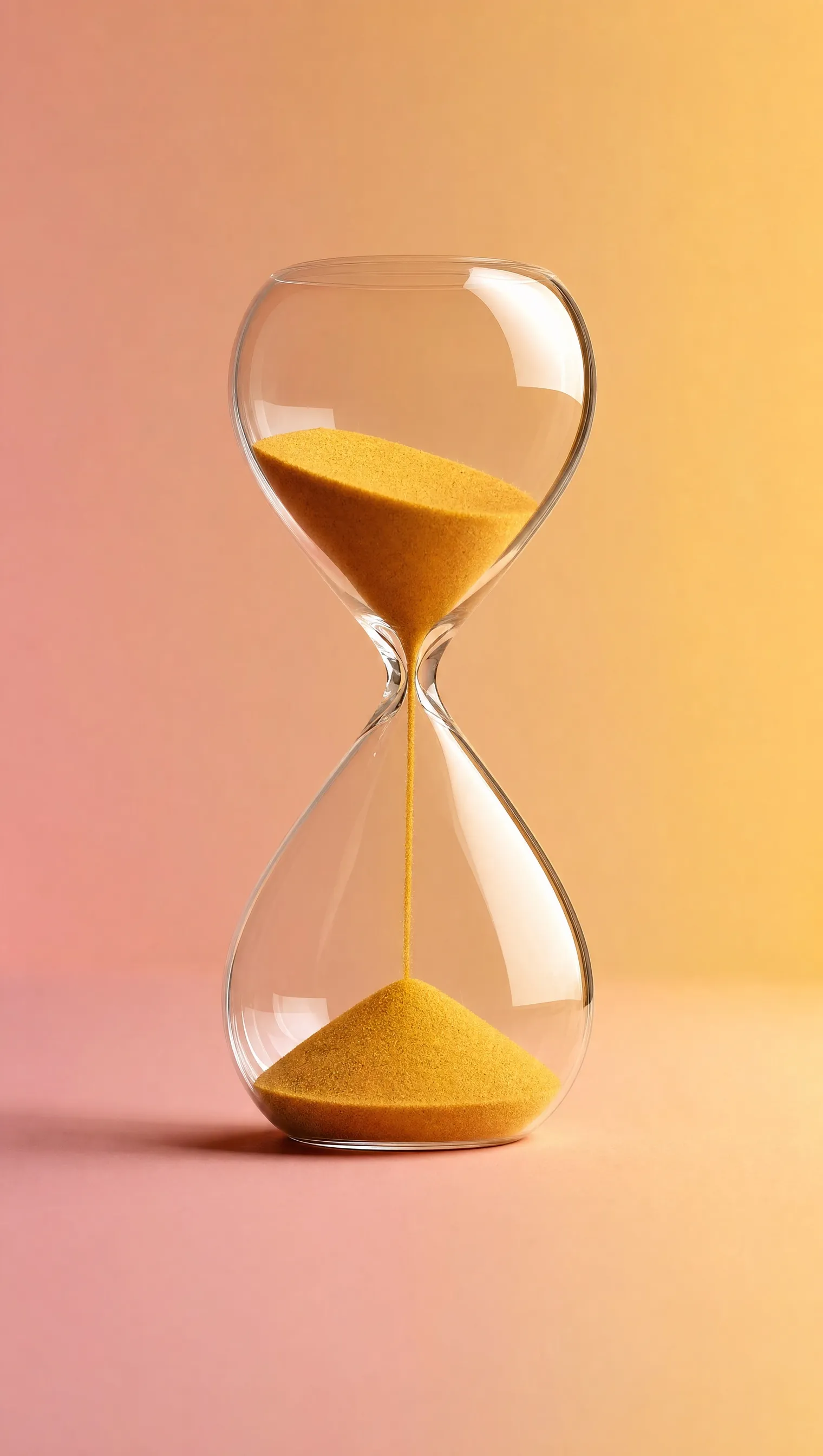 An hourglass with mustard sand against a pink background