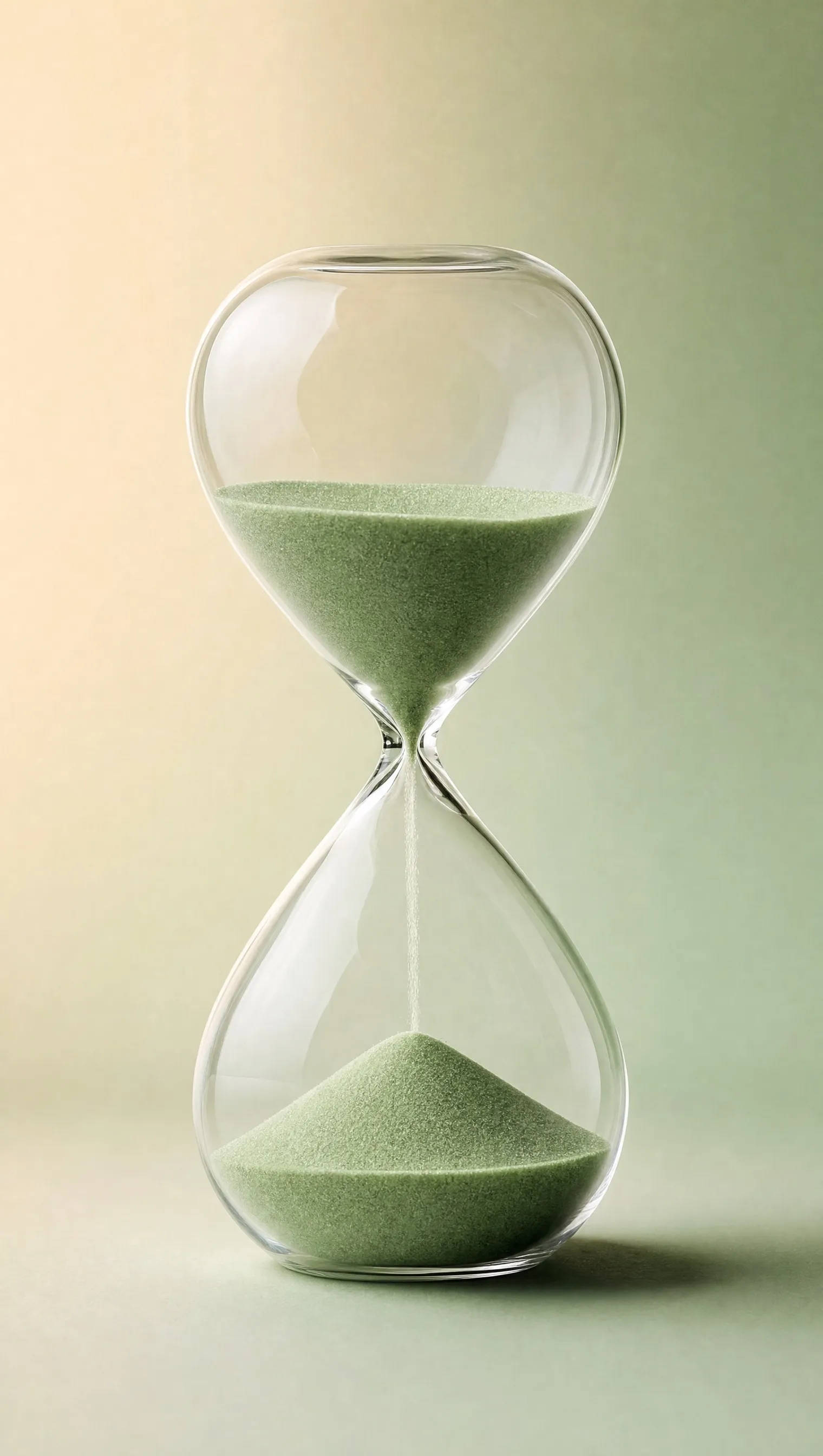 An hourglass with green sand against a cream background