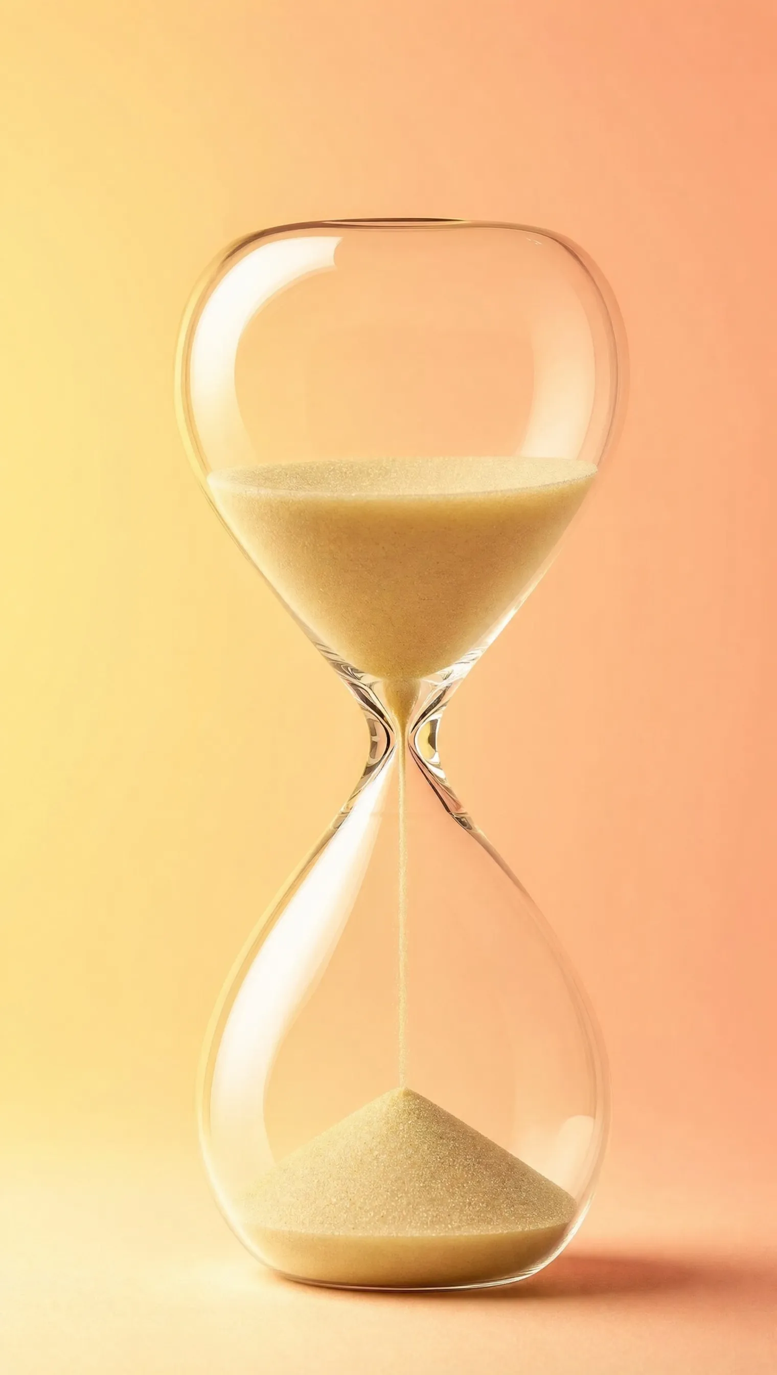 An hourglass with yellow sand against a peach background