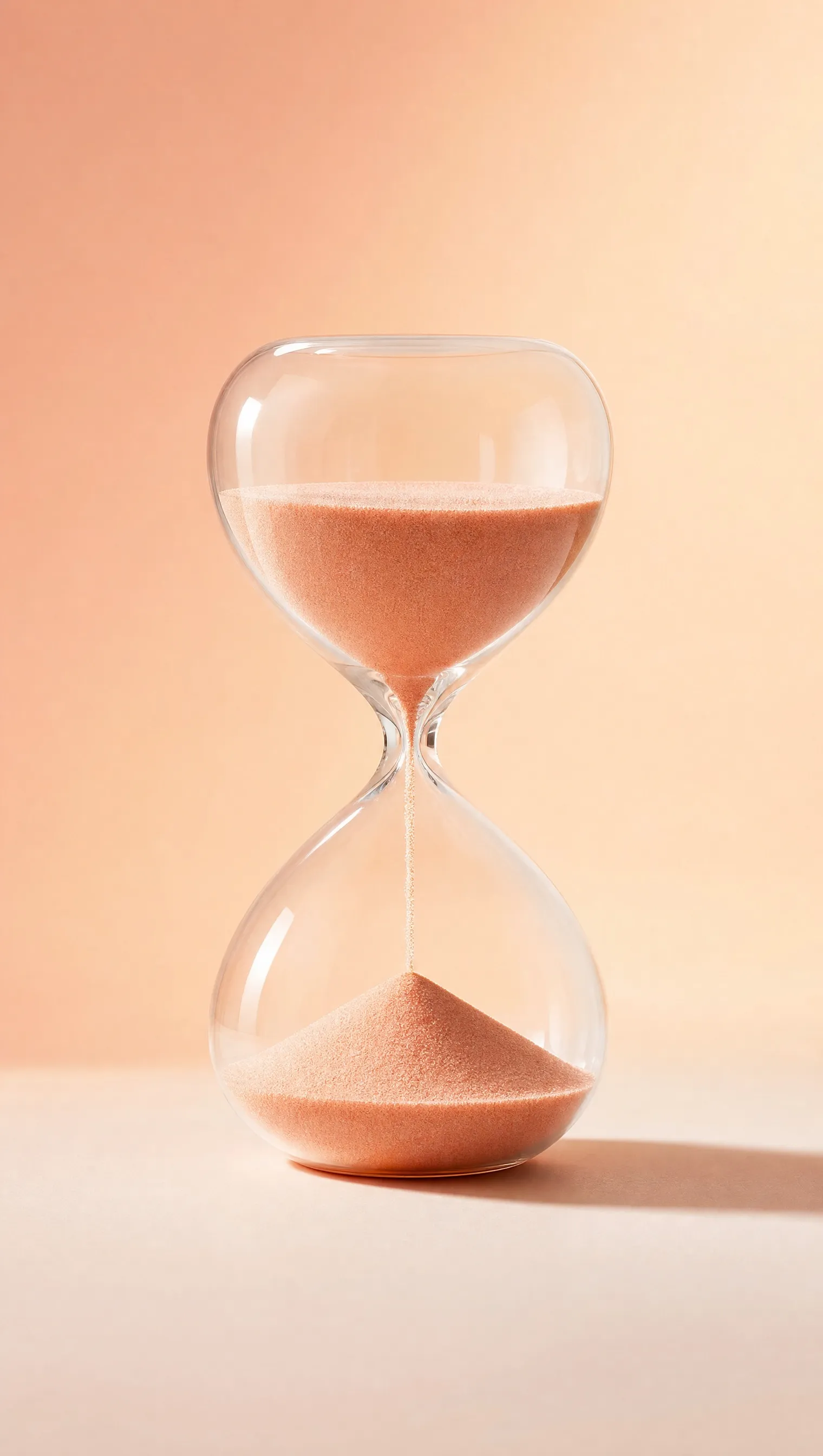 An hourglass with peach sand against a cream background