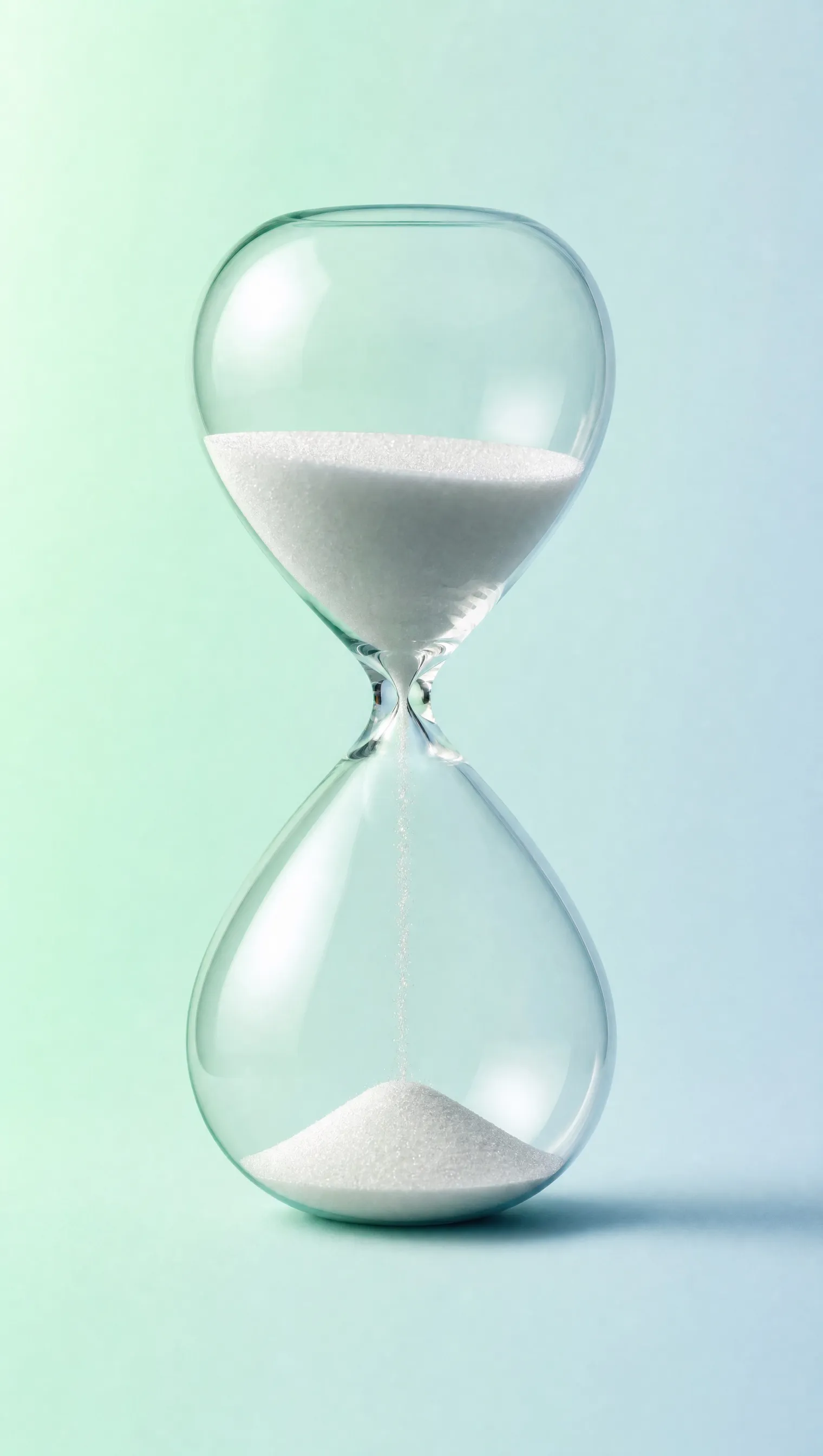 An hourglass with white sand against a mint and blue background