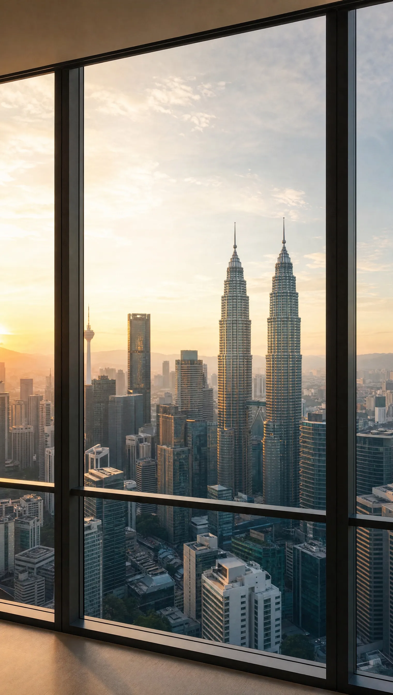 Kuala Lumpur towers at sunrise through a floor to ceiling window
