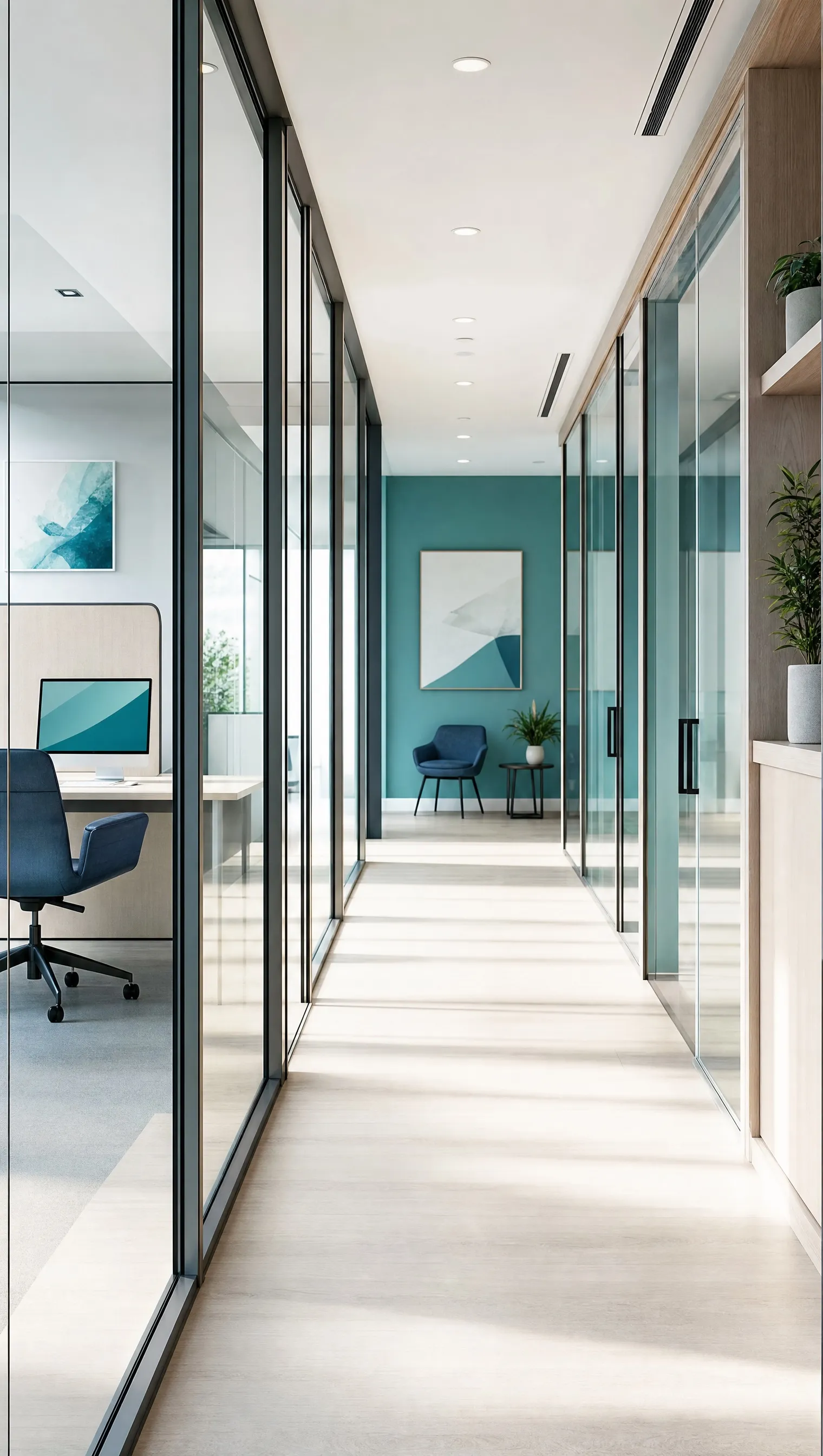 A modern office corridor with glass walls in morning light