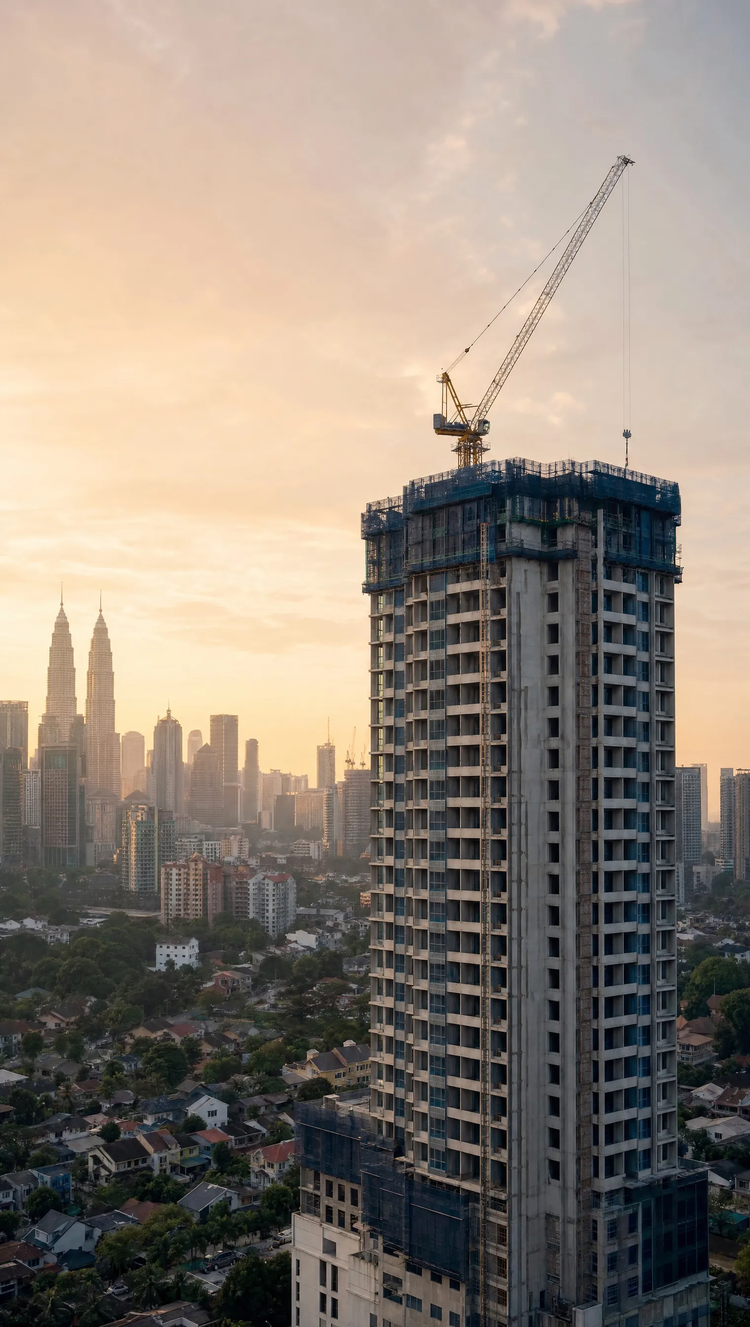 A crane above a new residential tower at sunrise