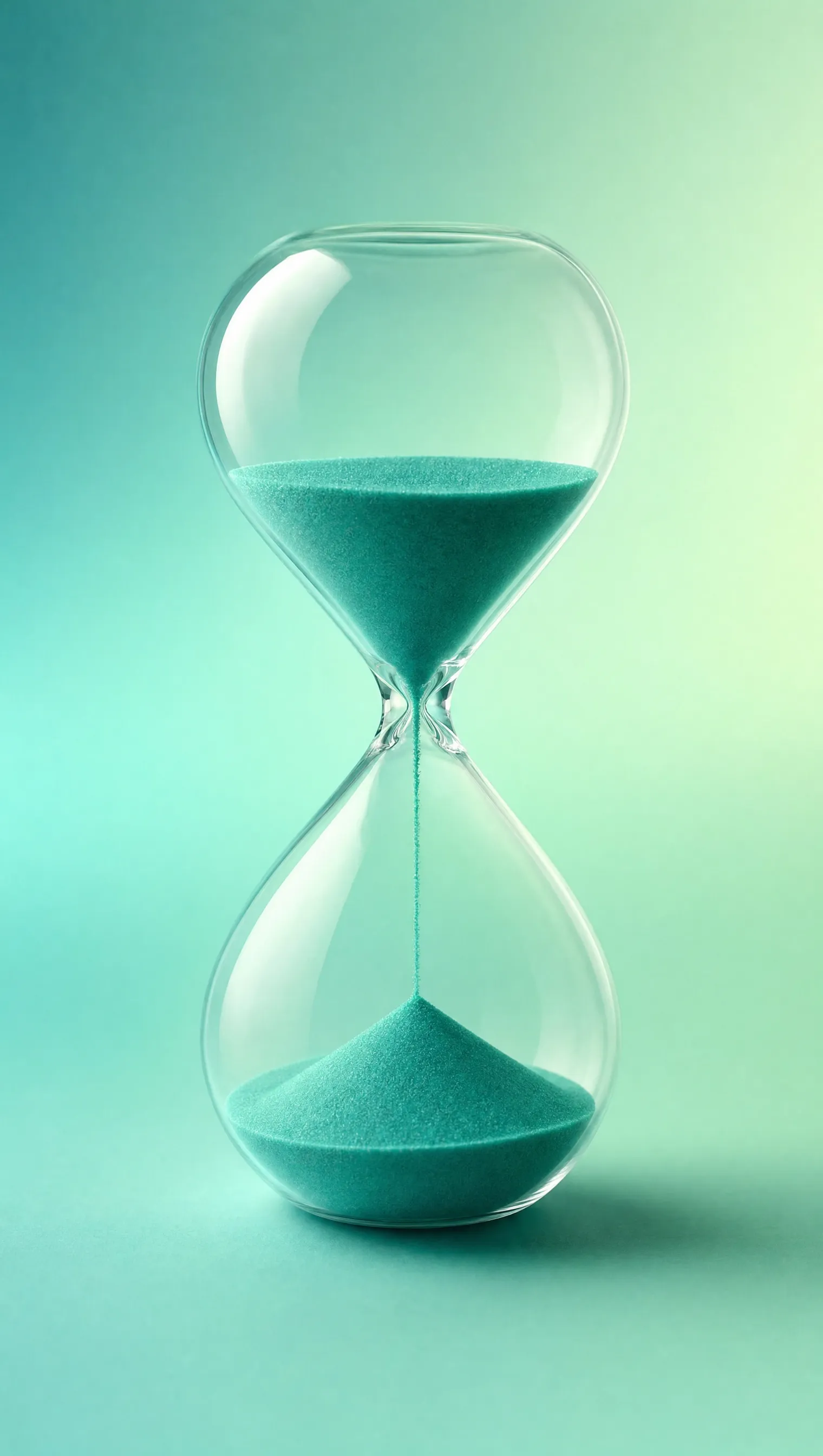 An hourglass with teal sand against a mint background
