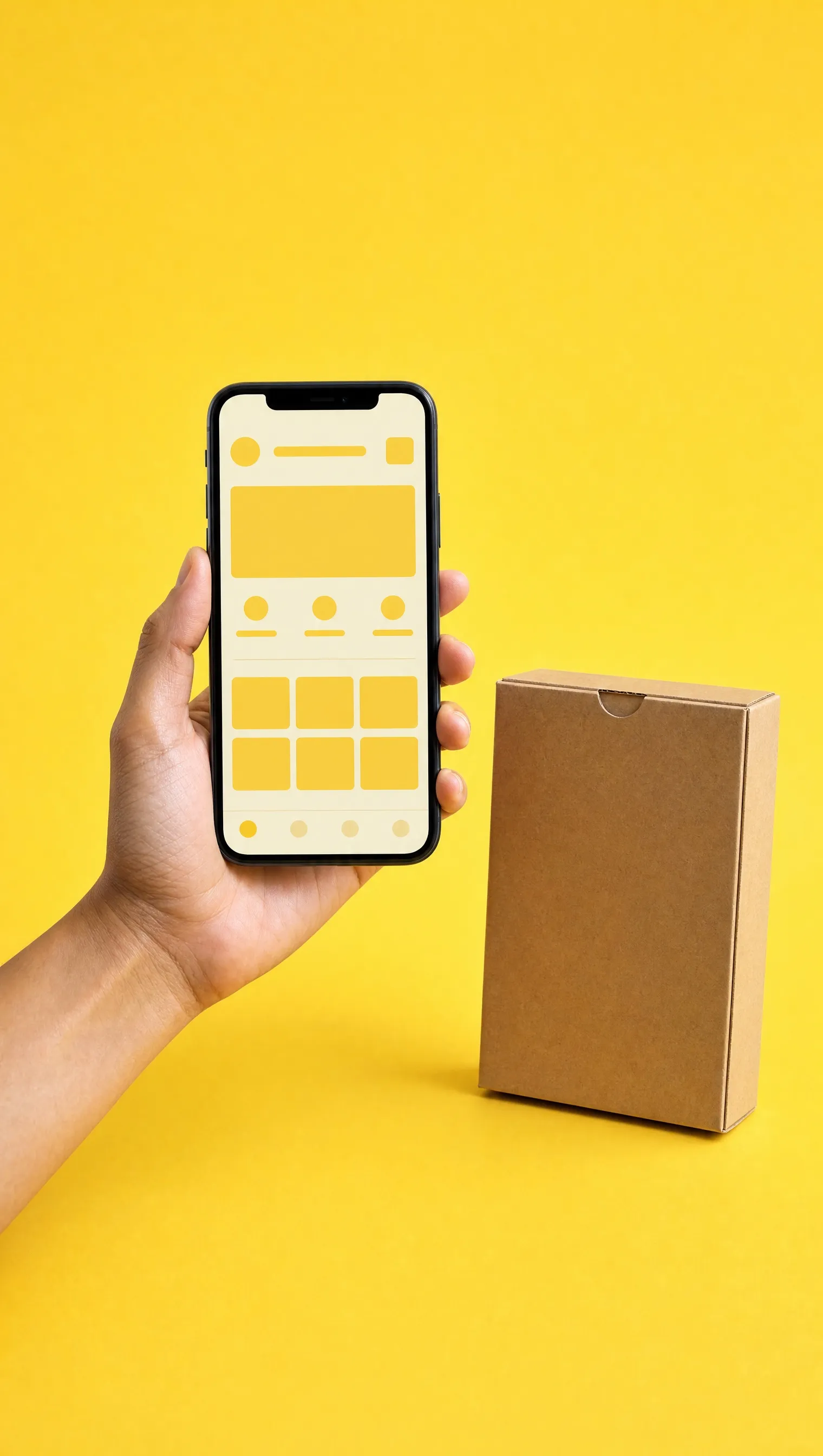 A hand holding a phone with a marketplace app on yellow