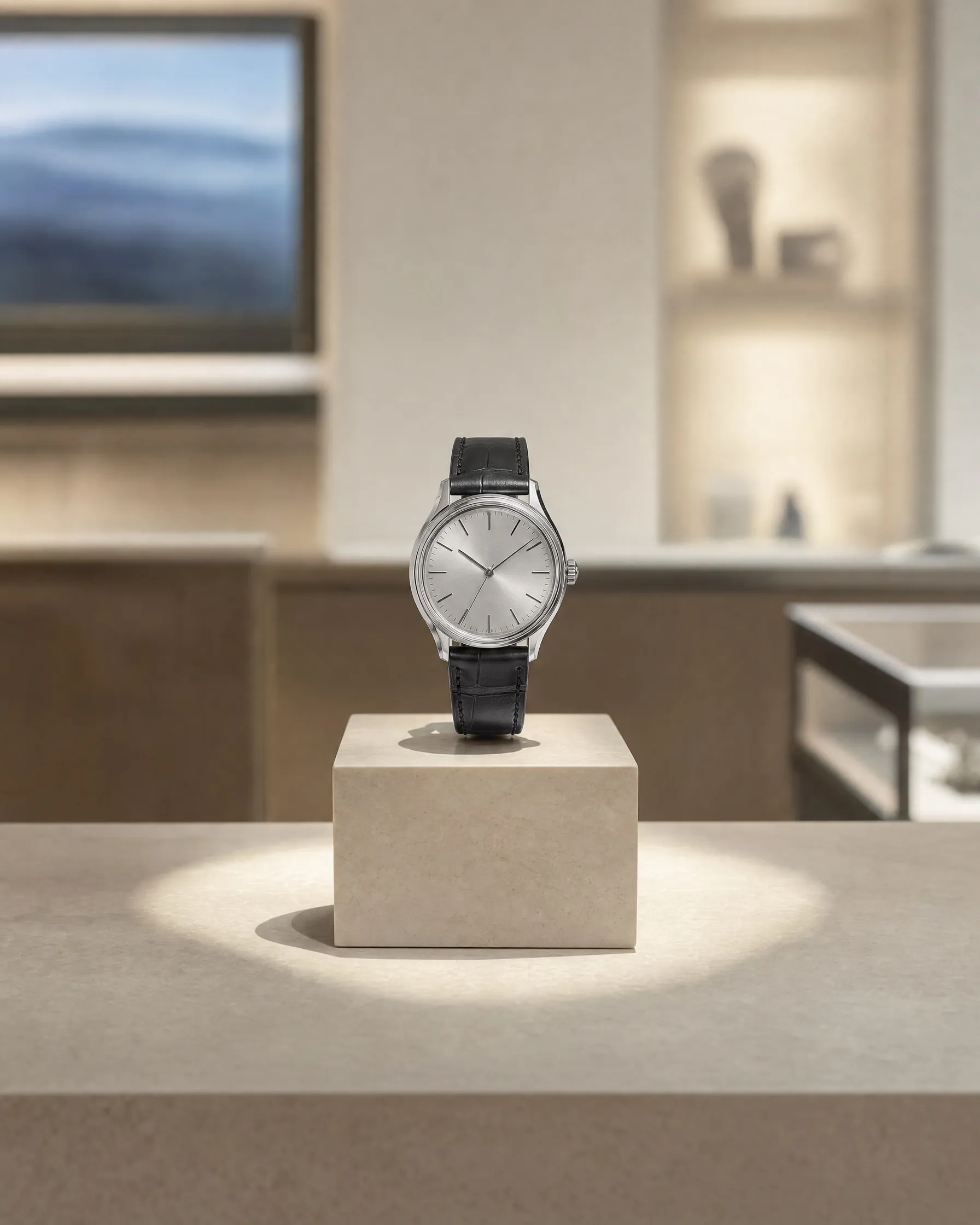 A single watch on a stone plinth under a spotlight