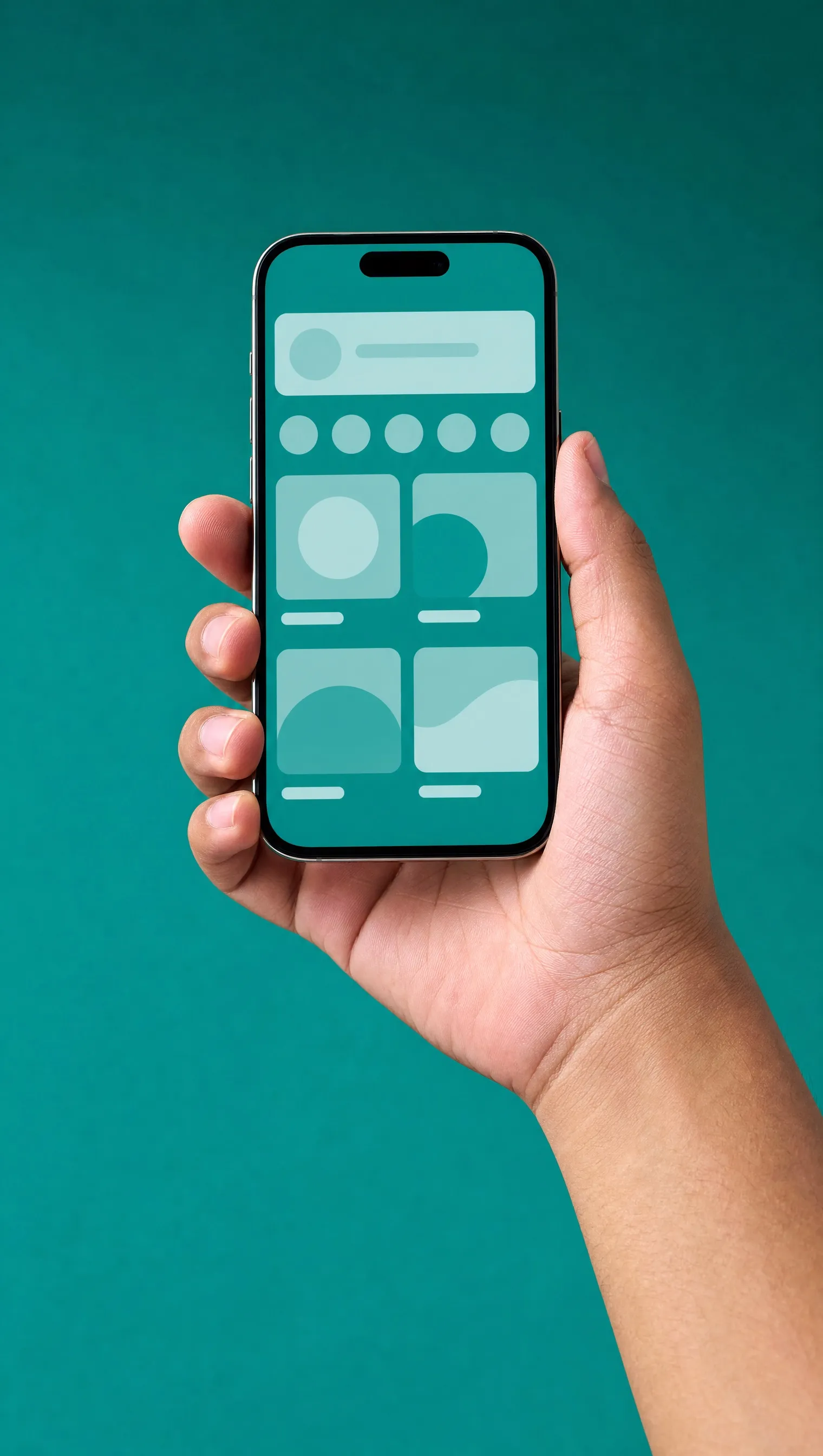 A hand holding a phone with a marketplace app on teal