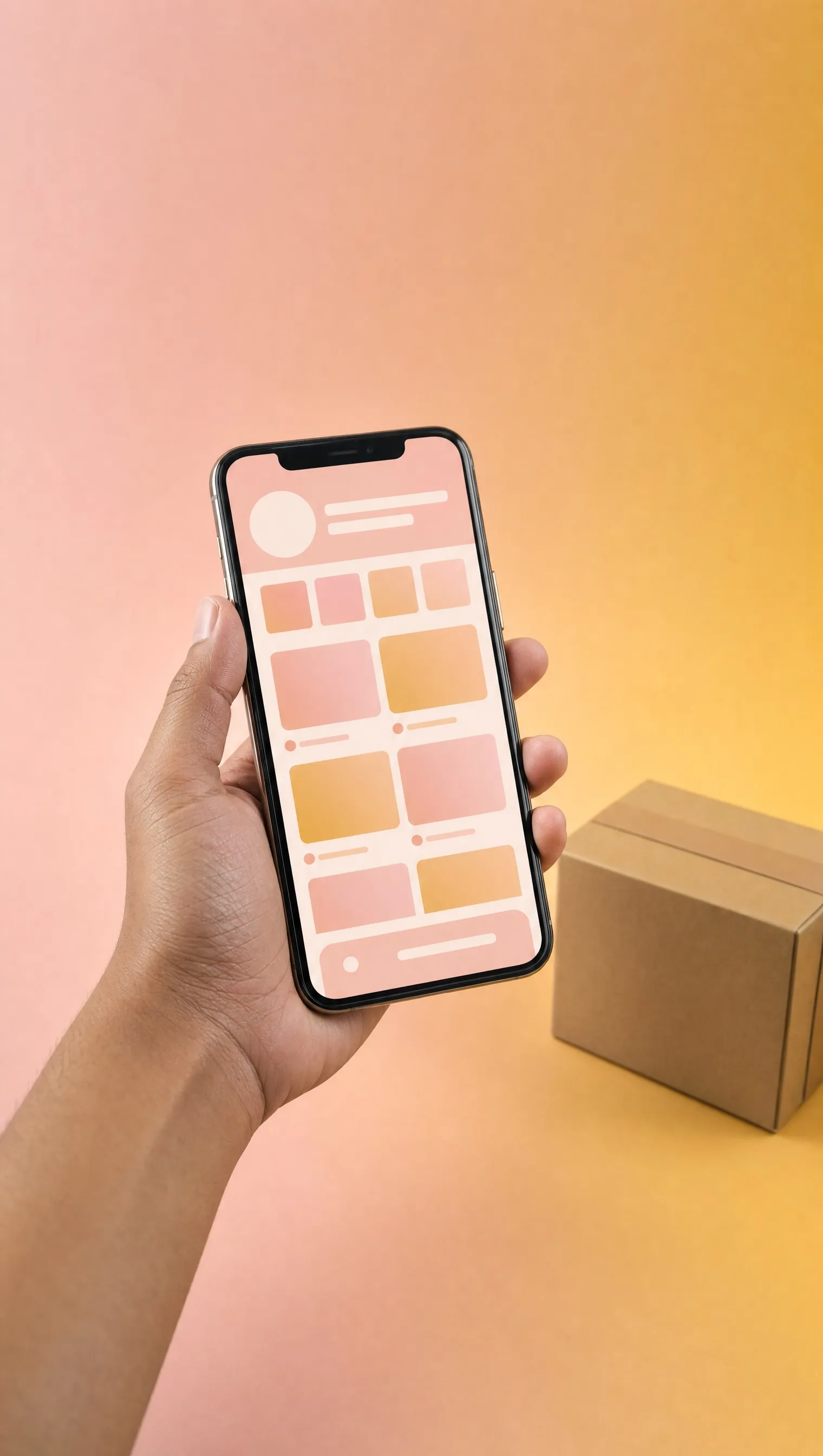 A hand holding a phone with a marketplace app, a parcel beside it