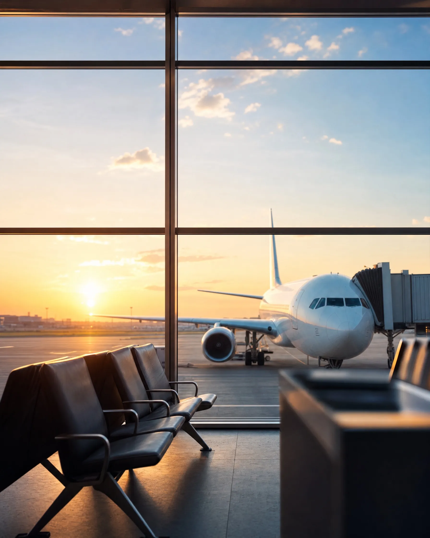 An airport window with a plane on the tarmac at sunrise