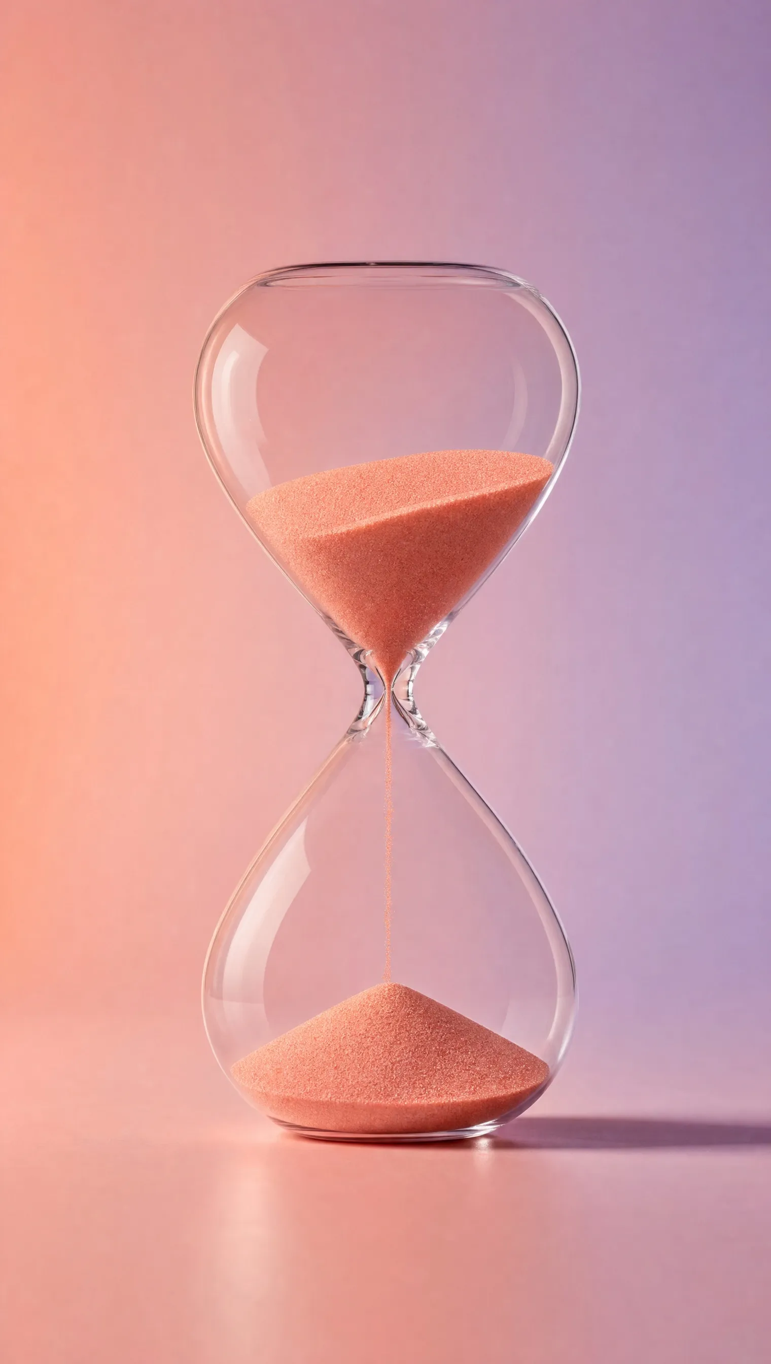 An hourglass with coral sand against a lilac background