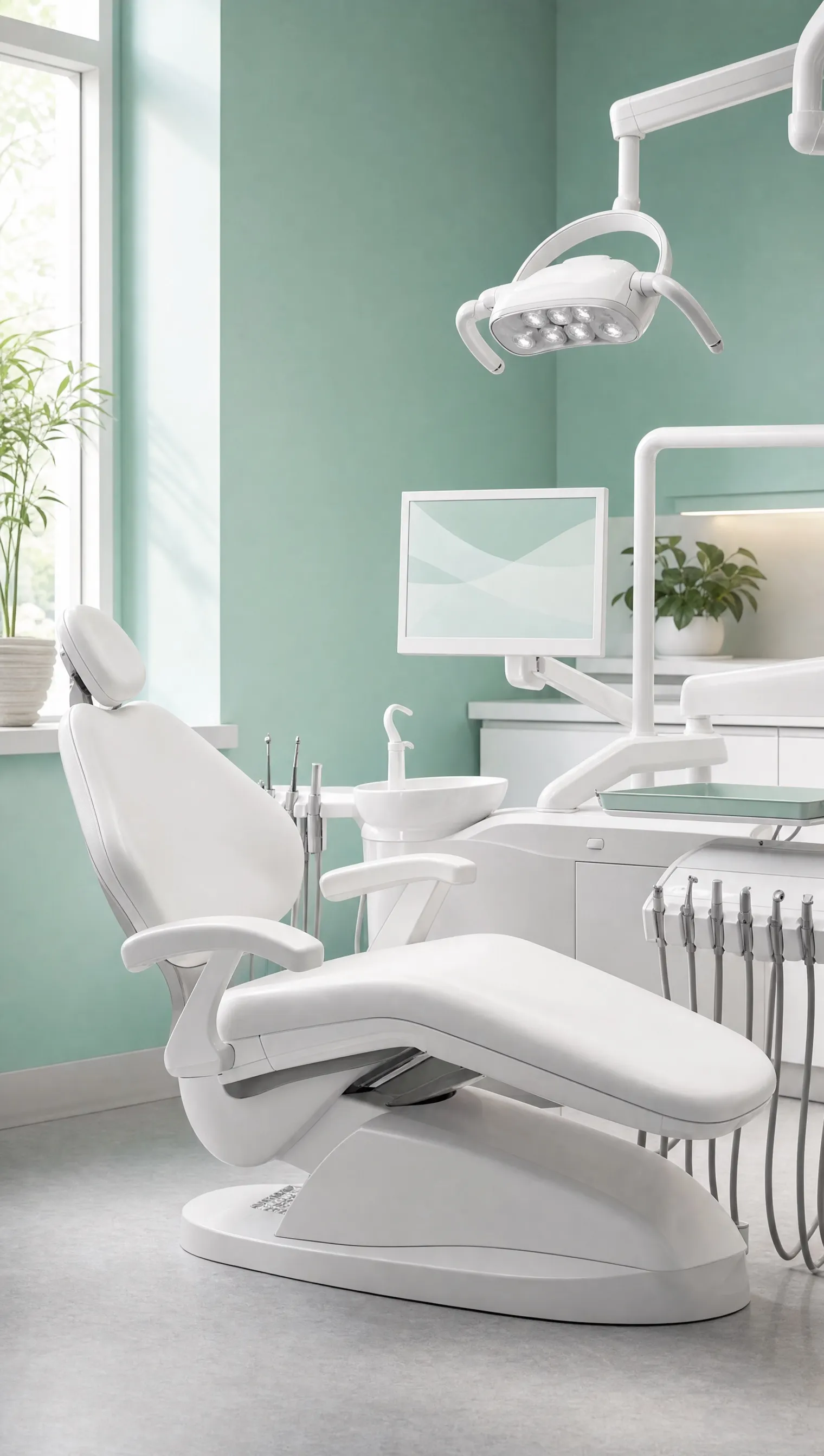 A white dental chair in a calm treatment room