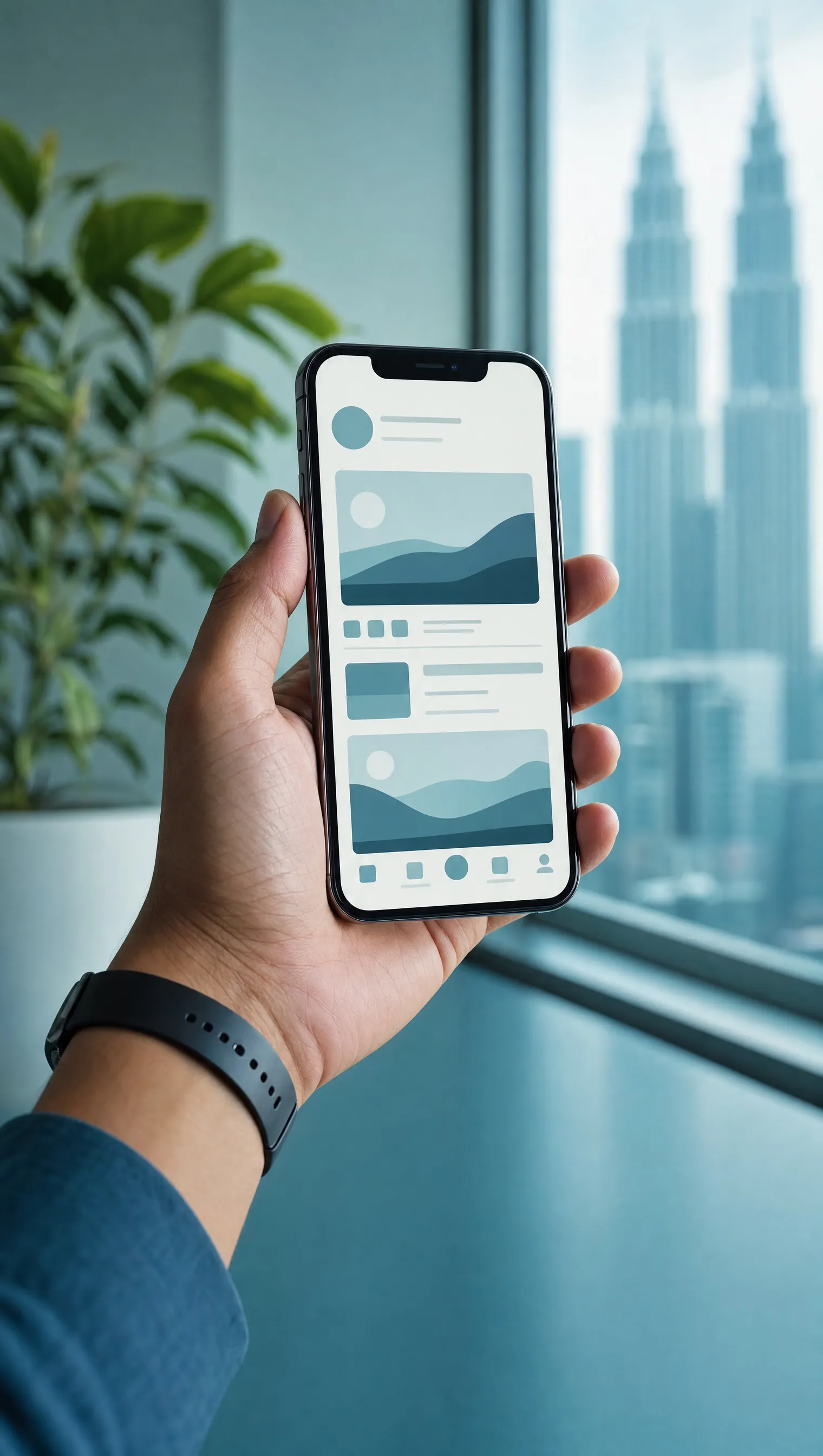 A hand holding a phone with a professional feed