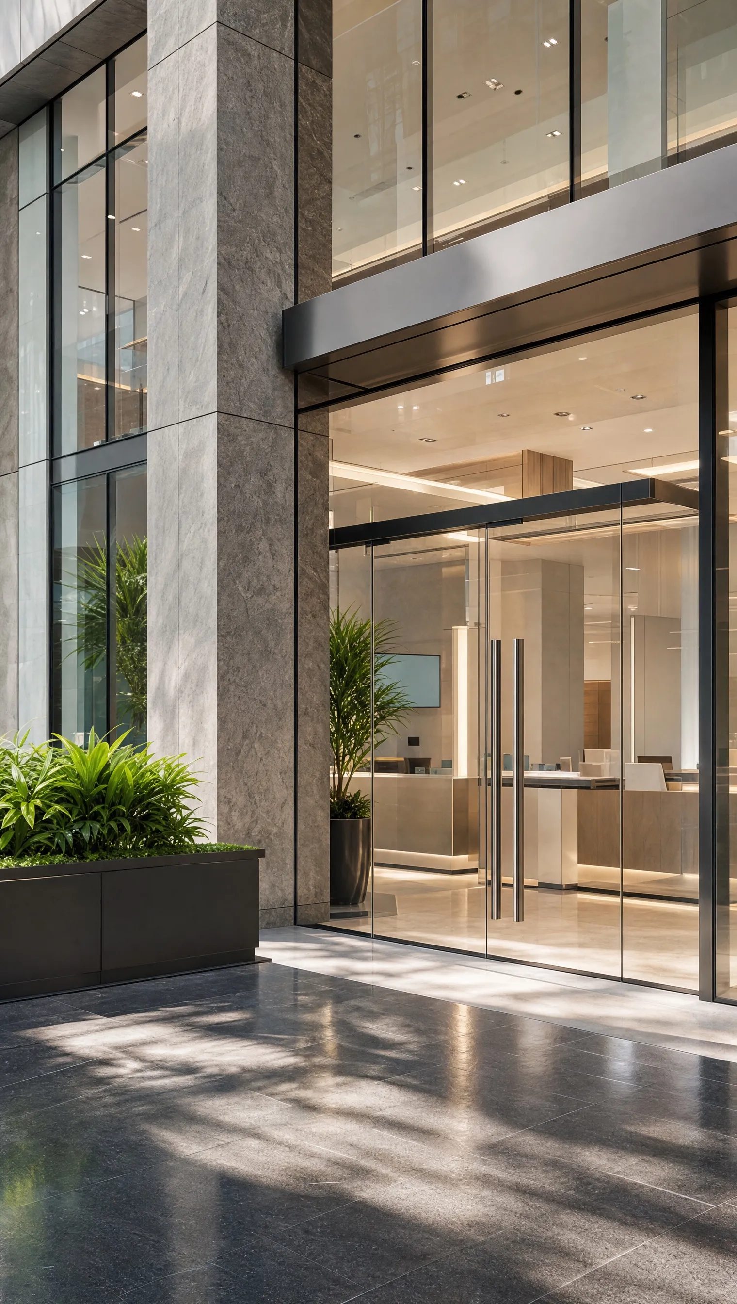 The exterior of a modern bank branch with glass doors
