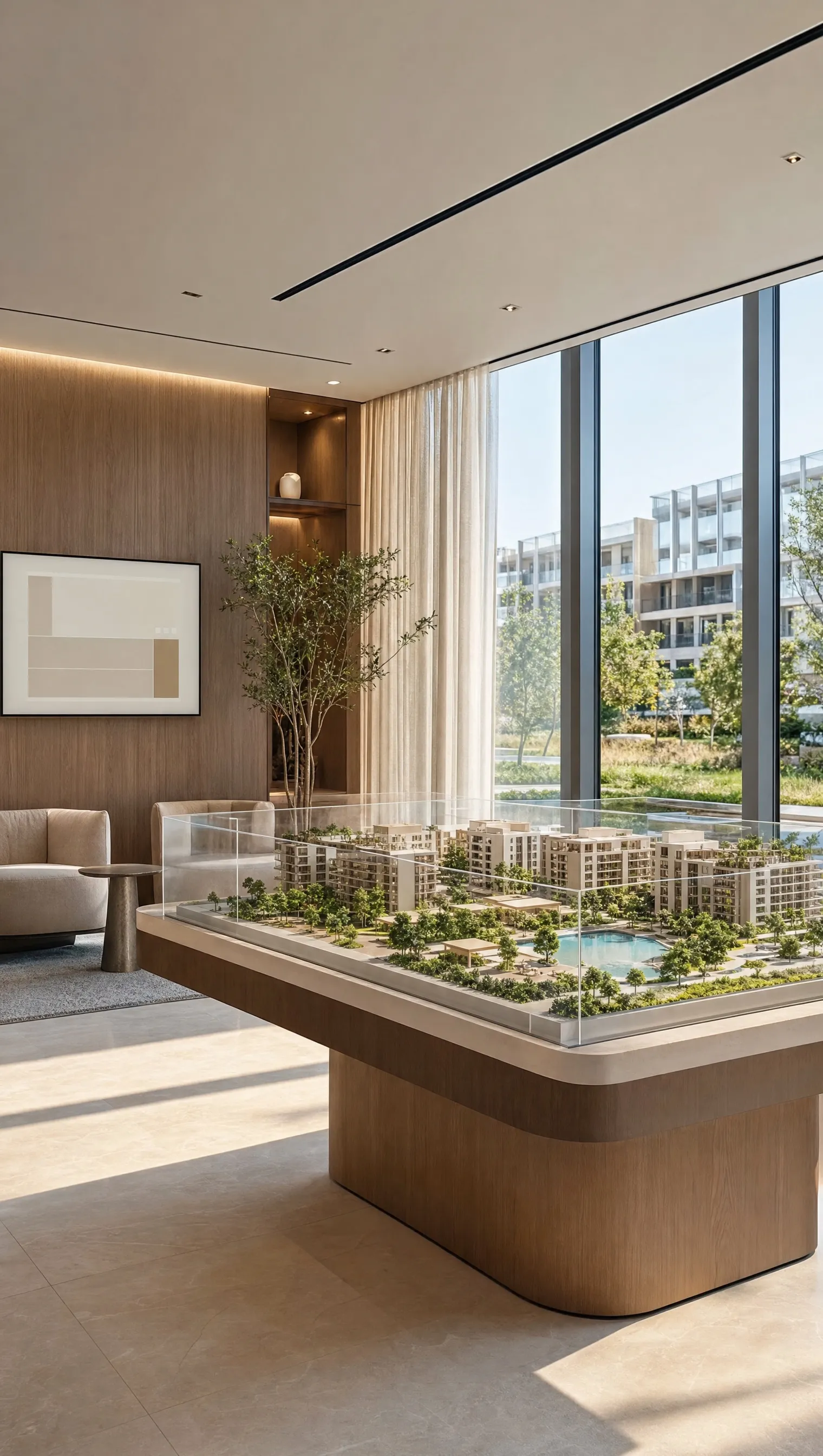 A property show gallery with a scale model of a development