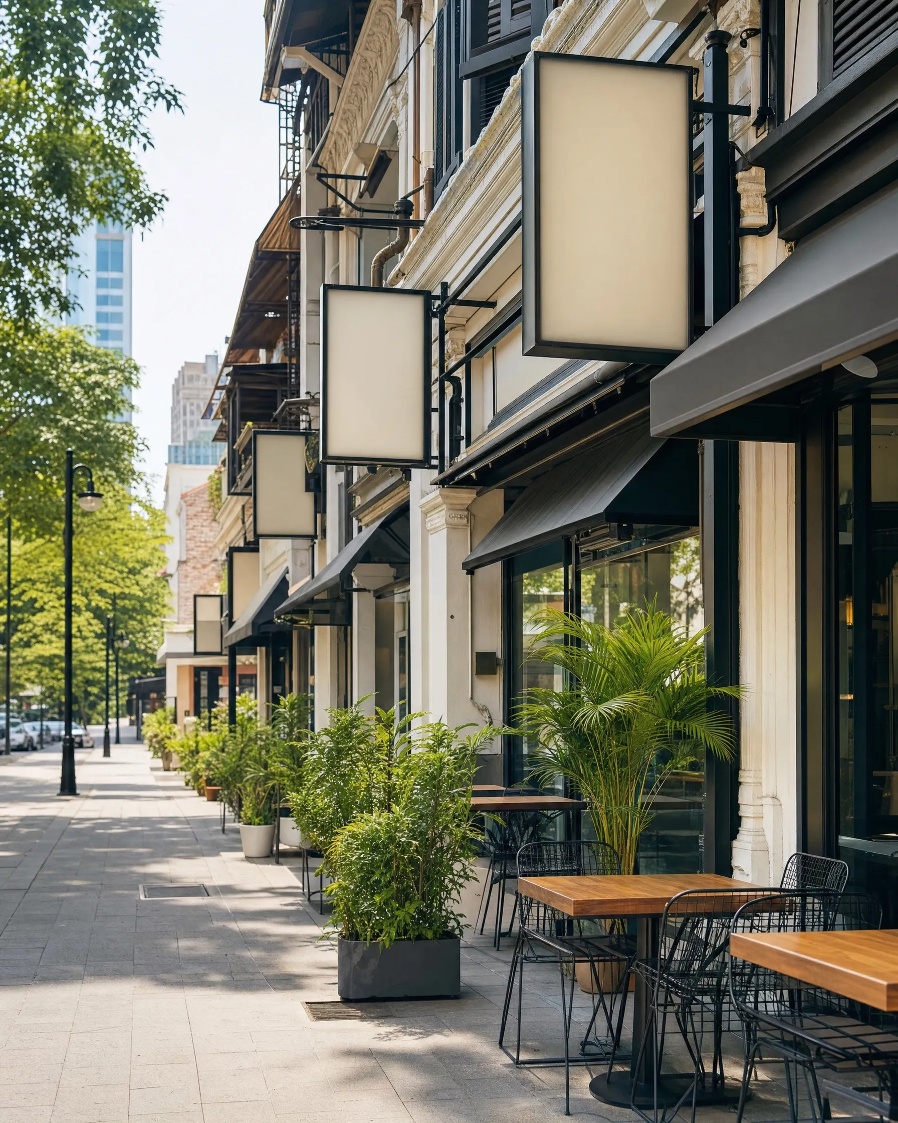 A street of shophouse cafes with blank signboards