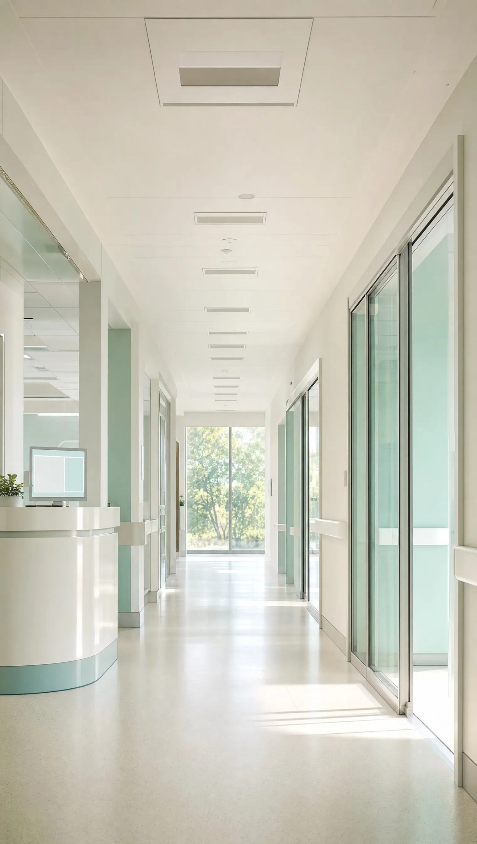 An empty hospital corridor with glass doors in morning light