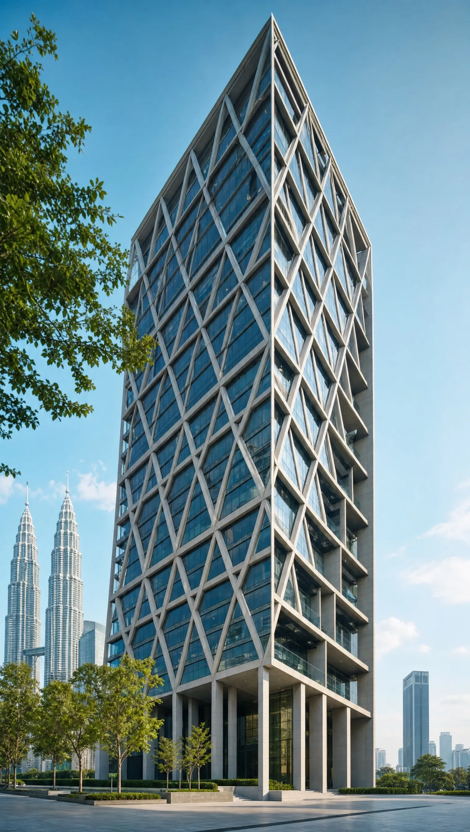 A modern office building with a geometric lattice facade