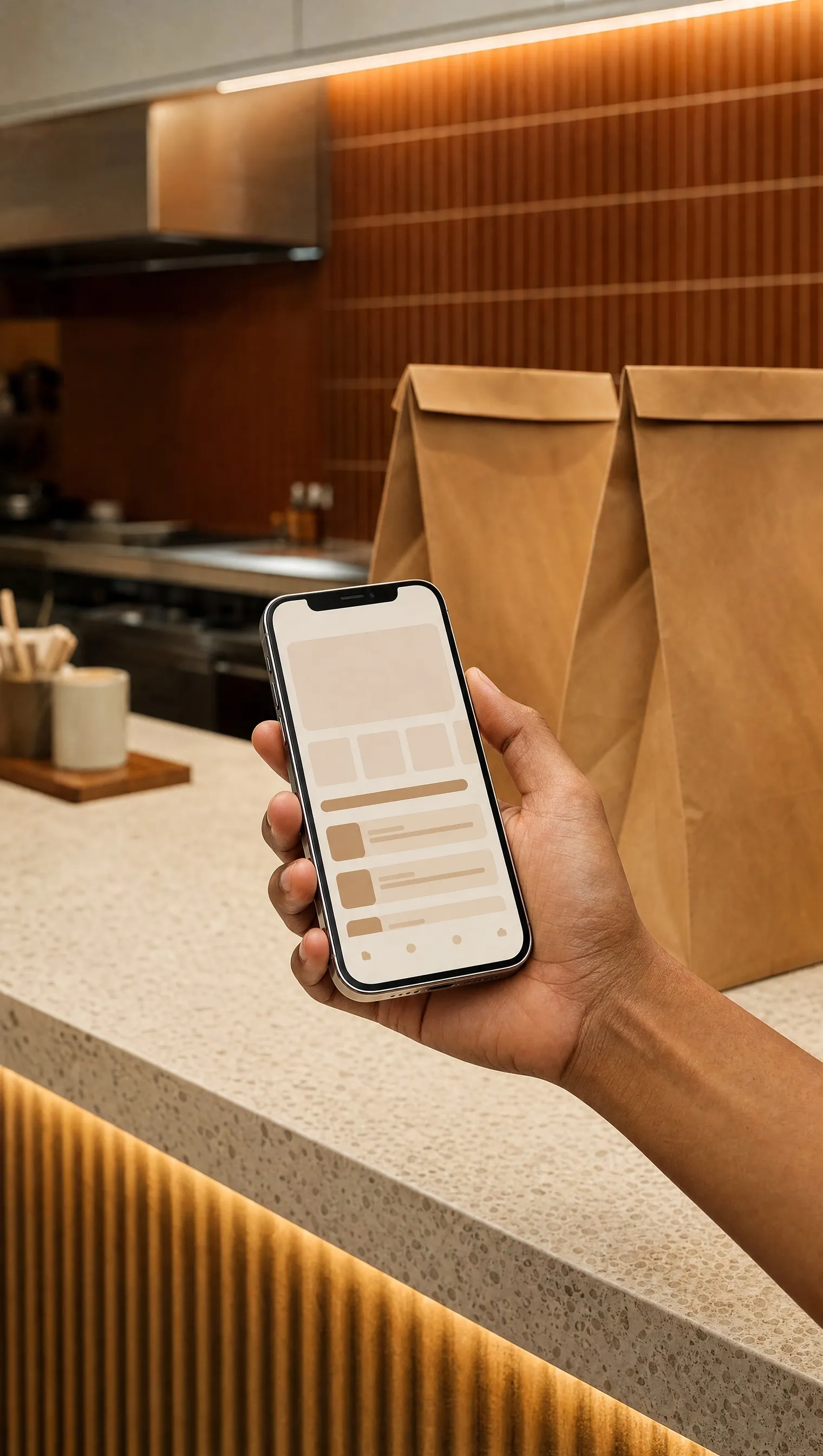 A hand holding a phone with a delivery app, delivery bags behind