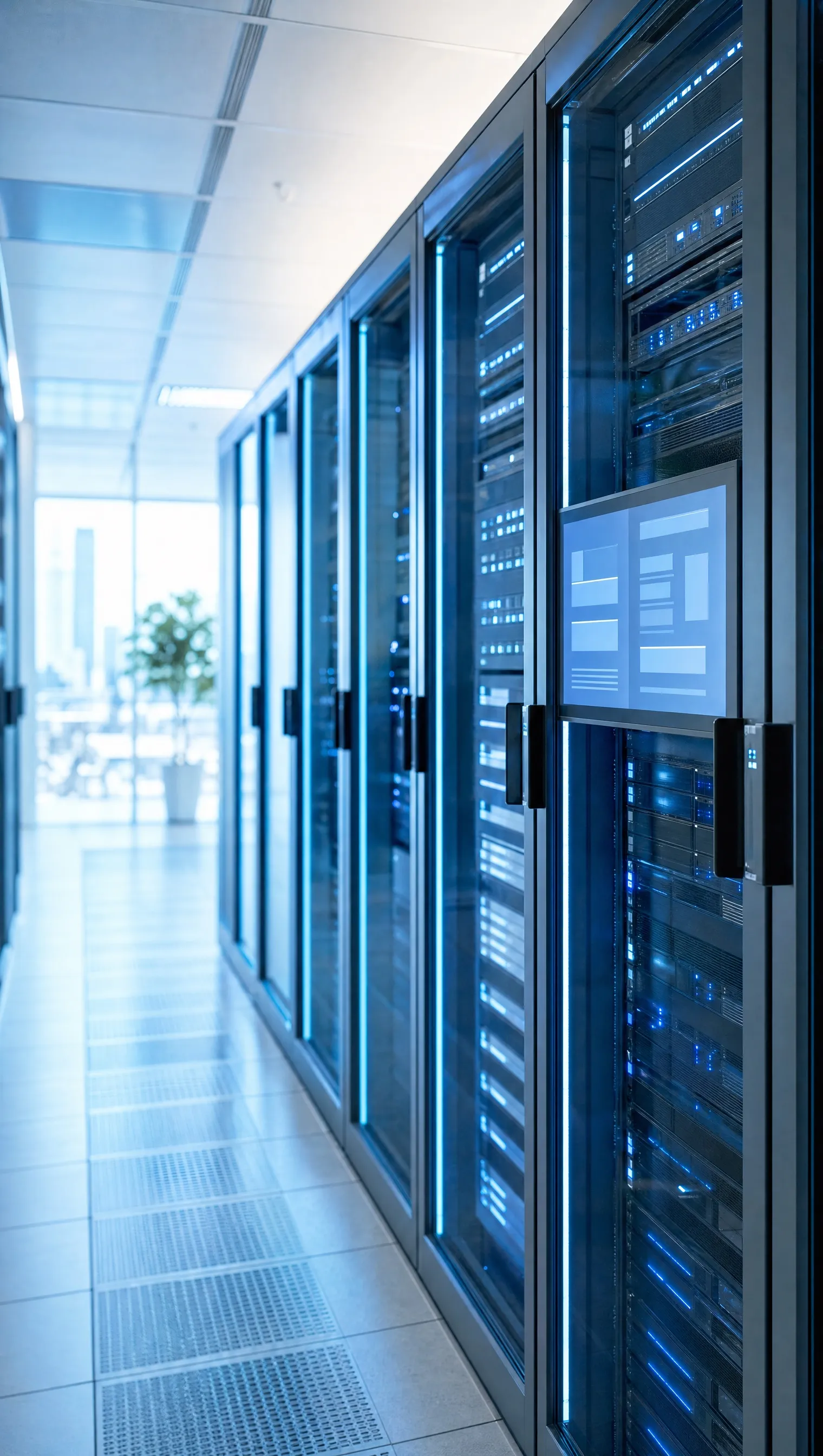 A data centre corridor with rows of server racks