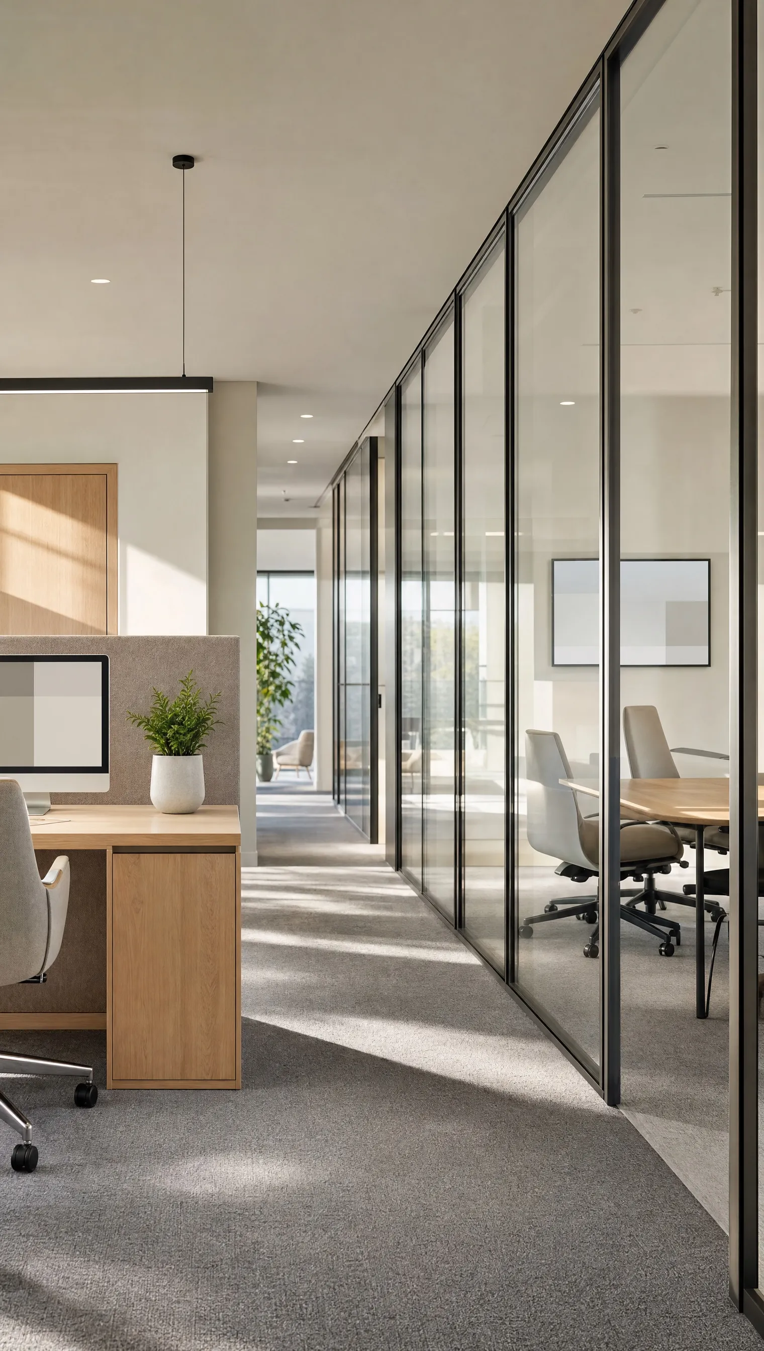 A quiet office corridor with glass meeting rooms