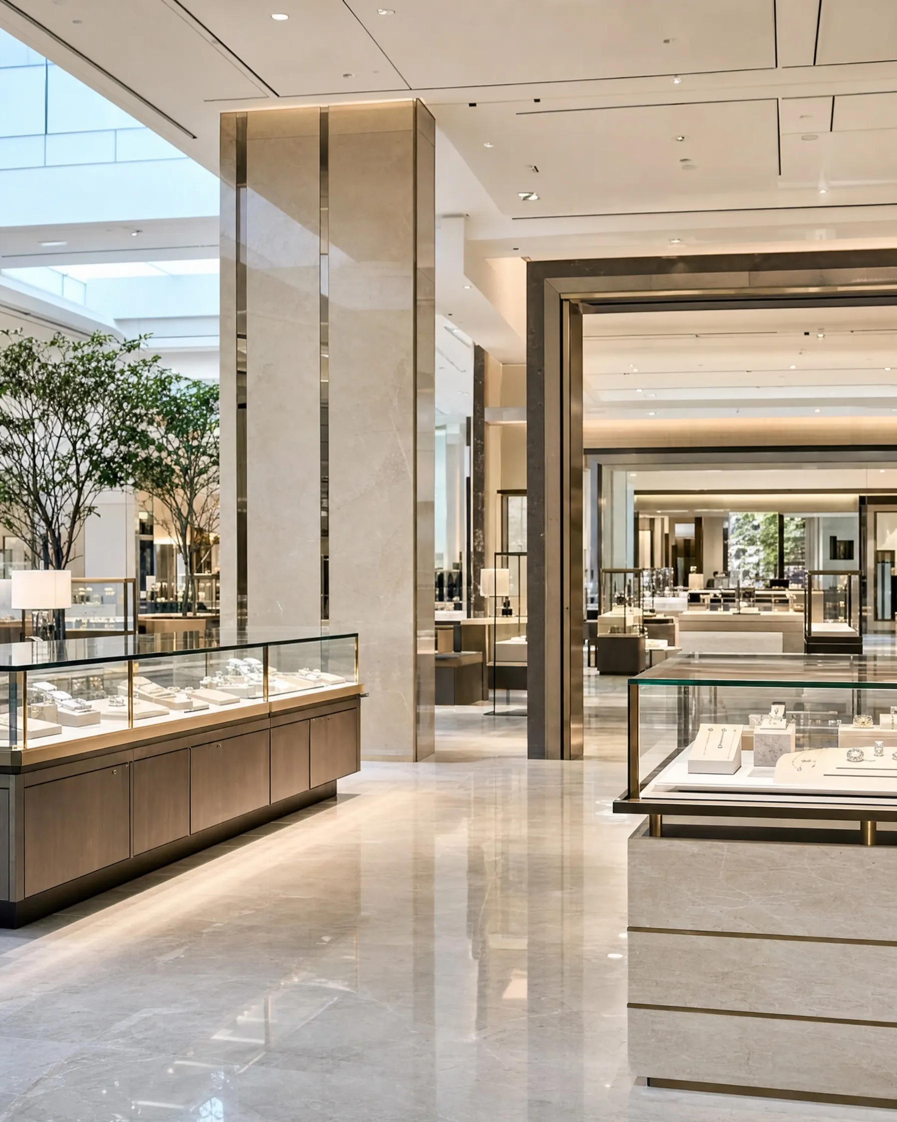 A department store luxury floor with glass vitrines