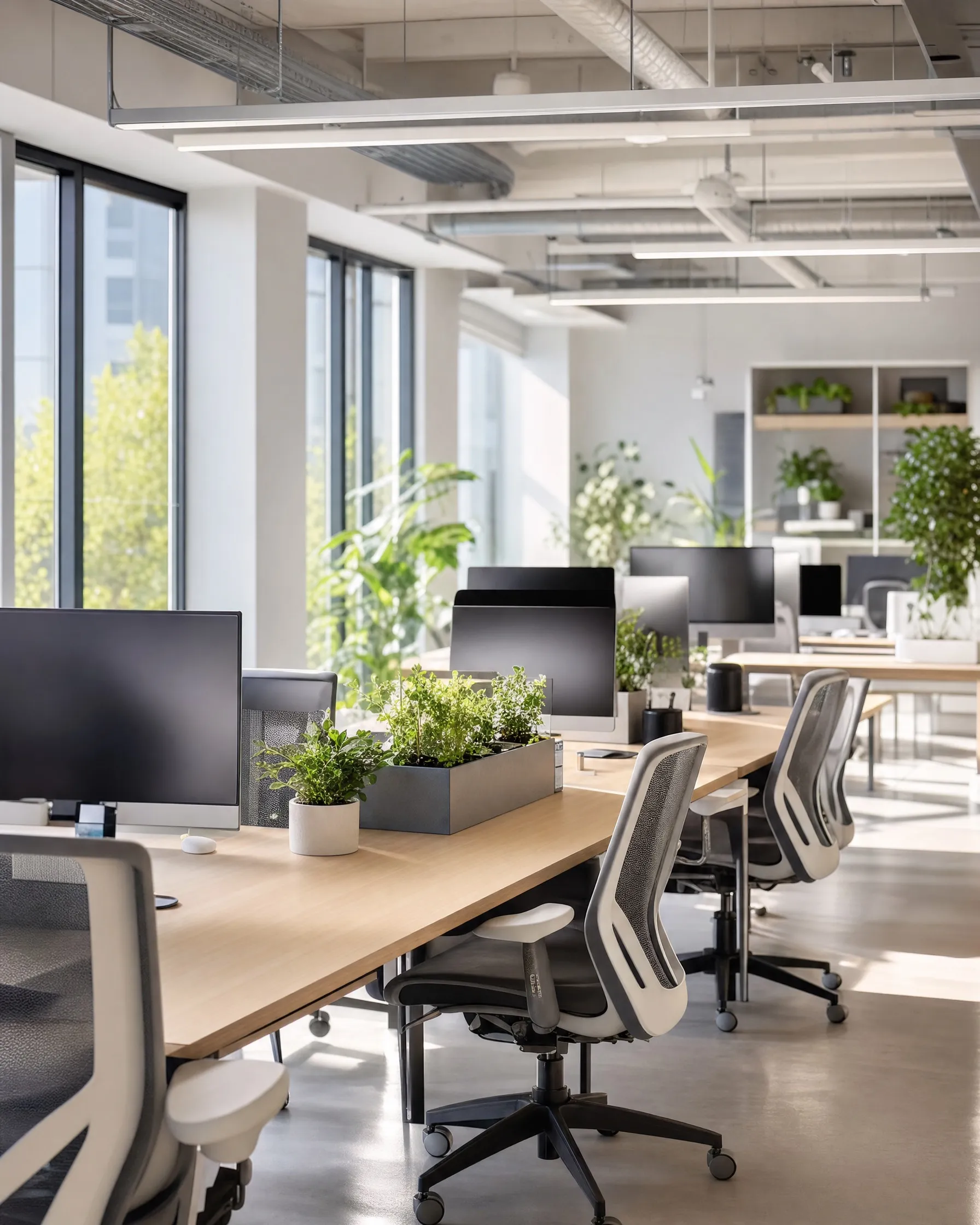 A bright coworking space with long desks and plants