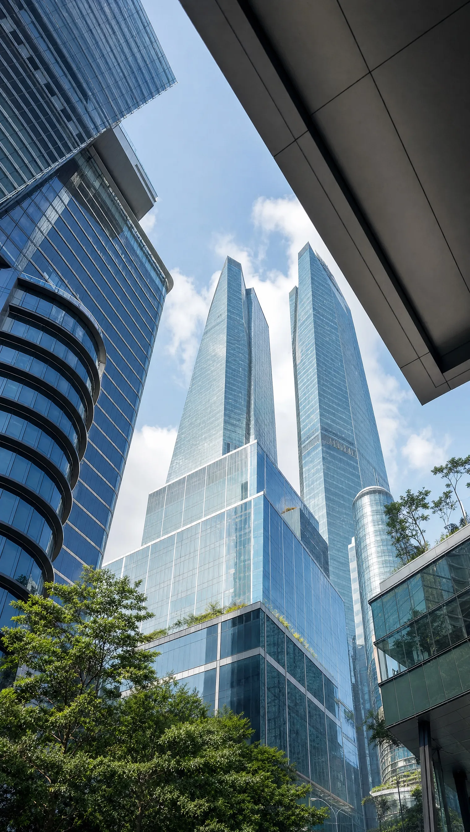 Glass towers seen from street level, looking up