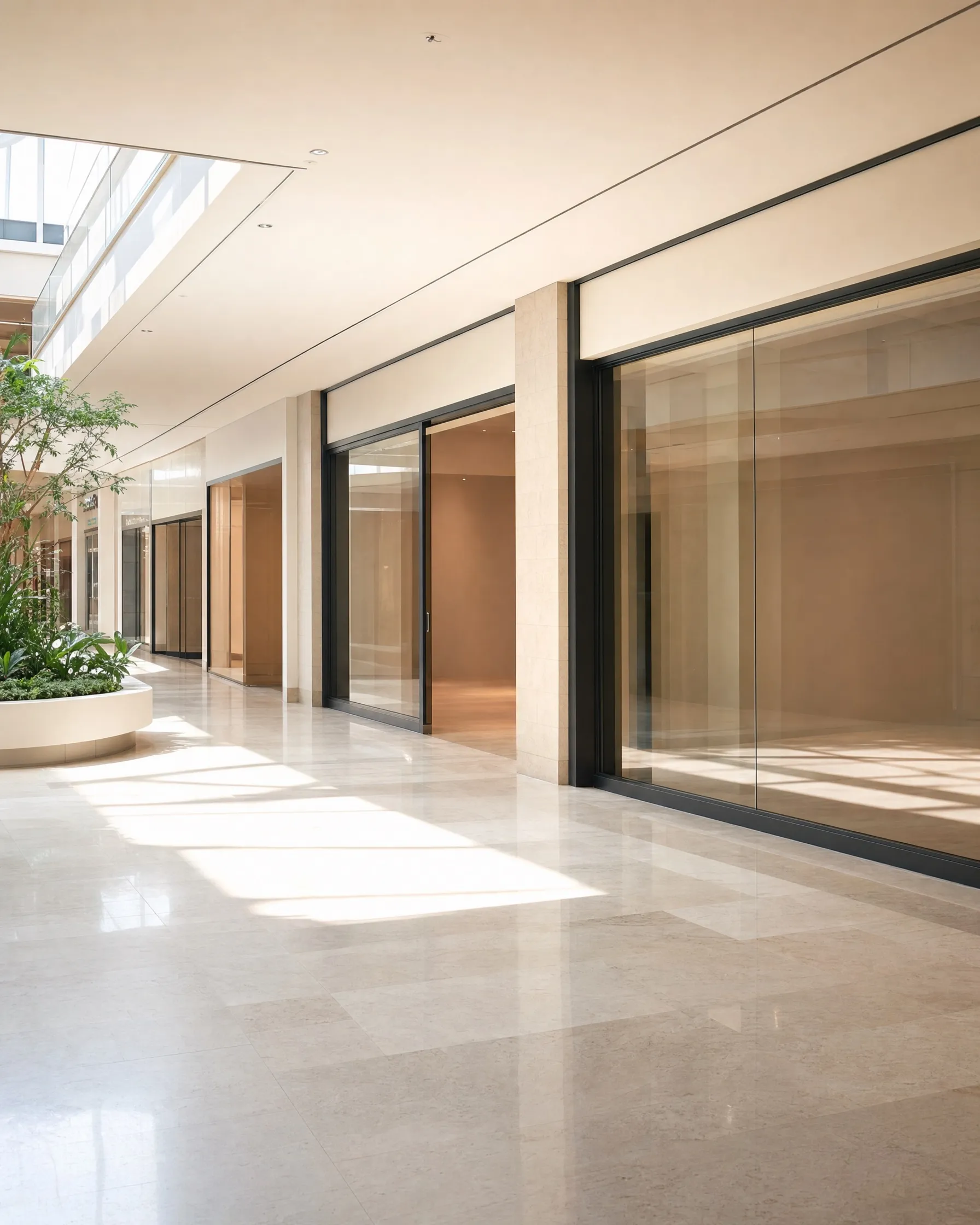 A bright mall corridor with plain storefronts