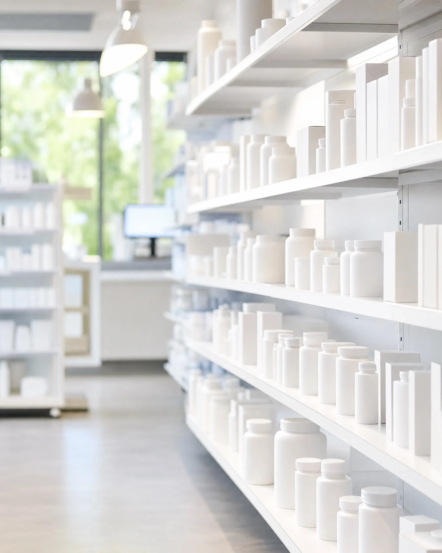 Pharmacy shelves with plain white boxes and bottles