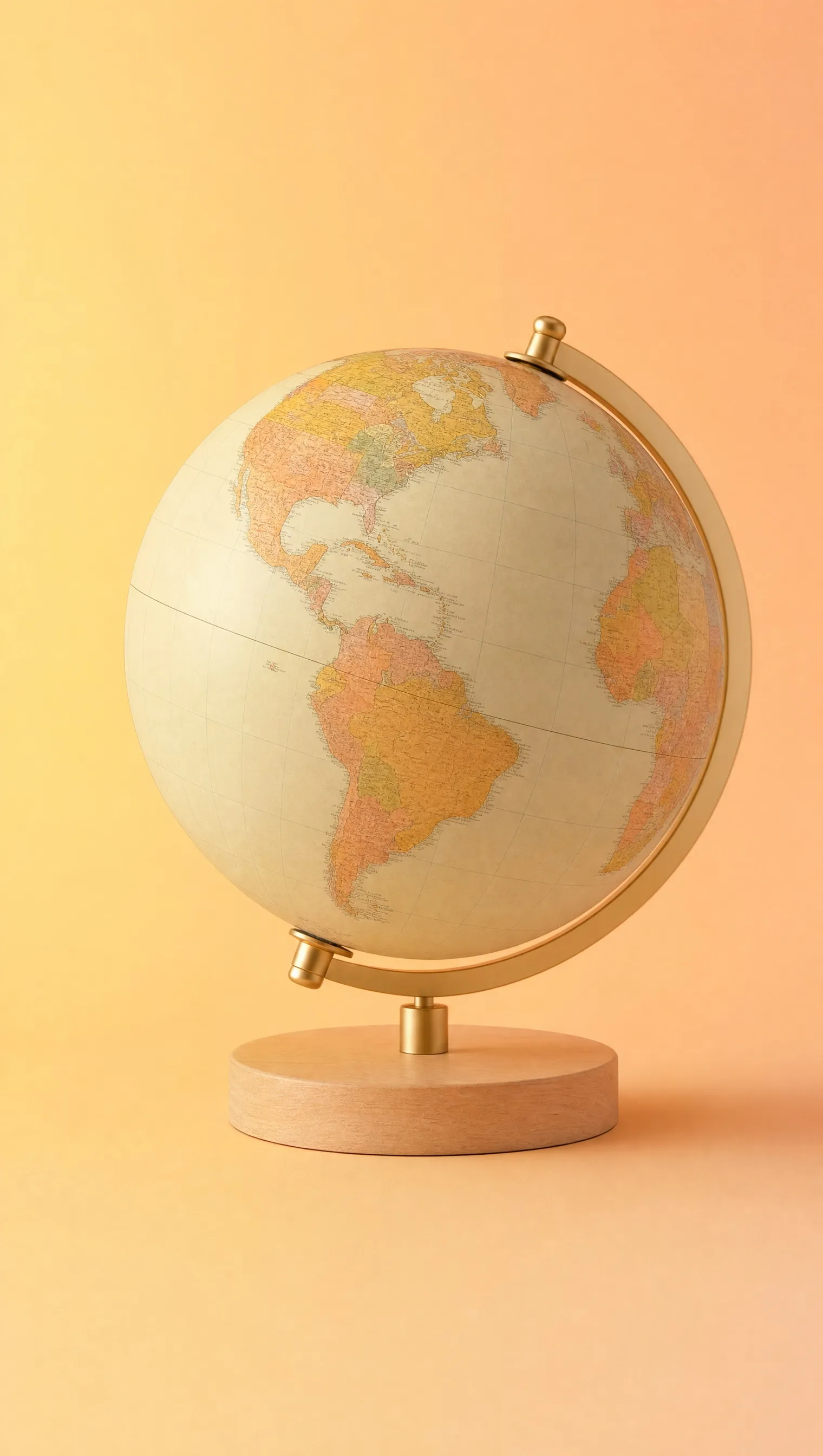 A globe on a plinth against a yellow and peach background