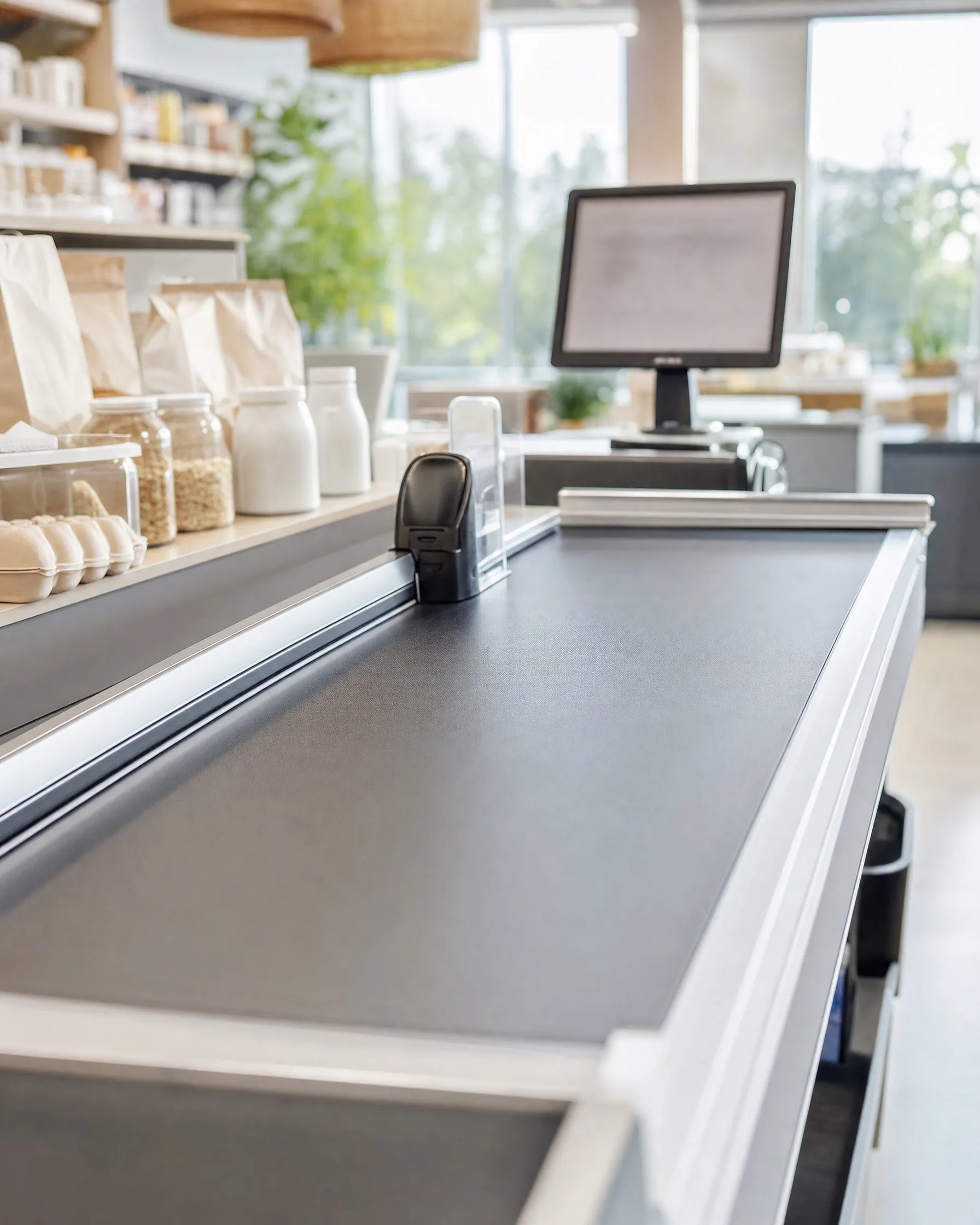A supermarket checkout belt with plain products