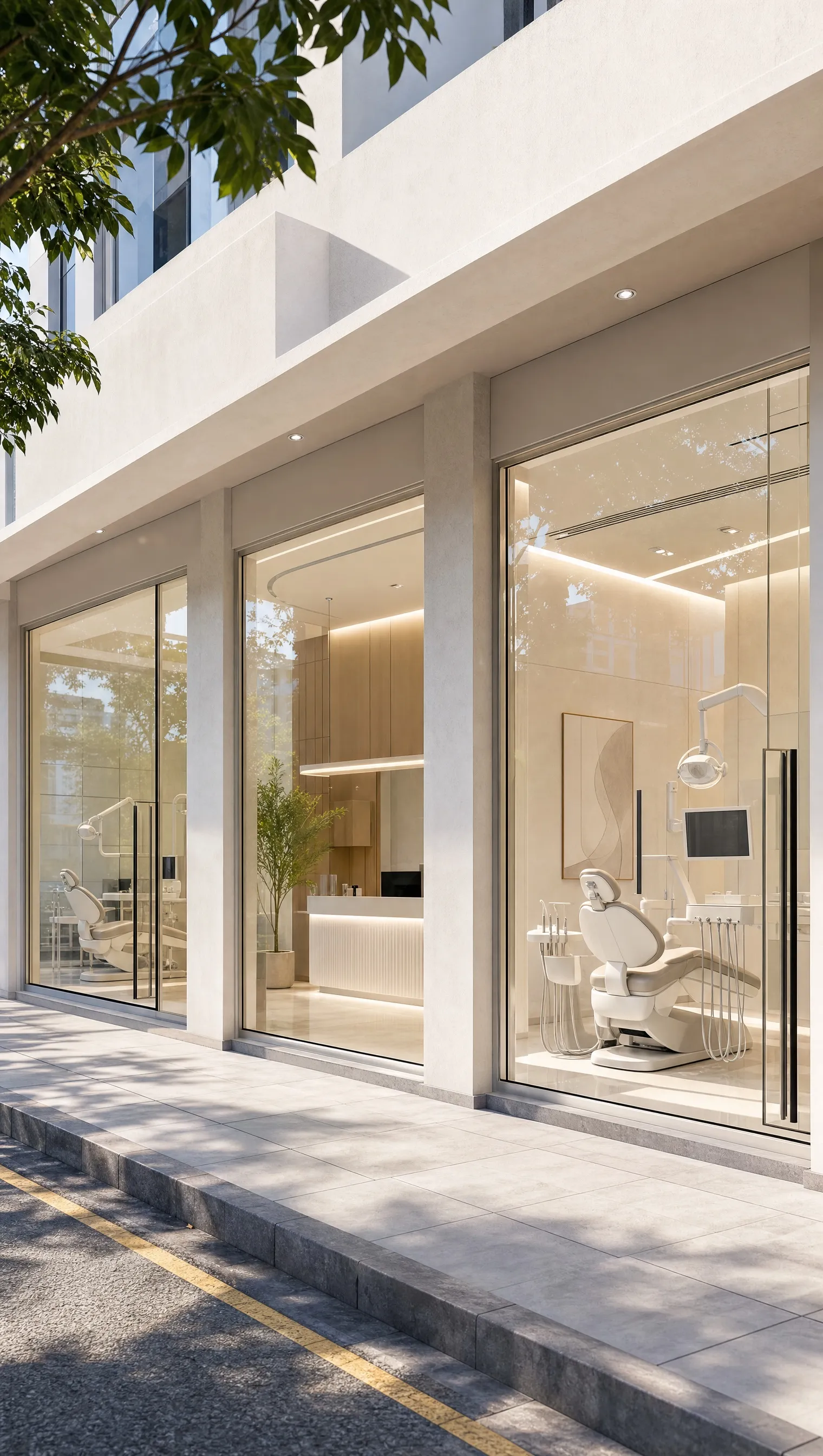 Three dental clinic shopfronts in a row on a bright street