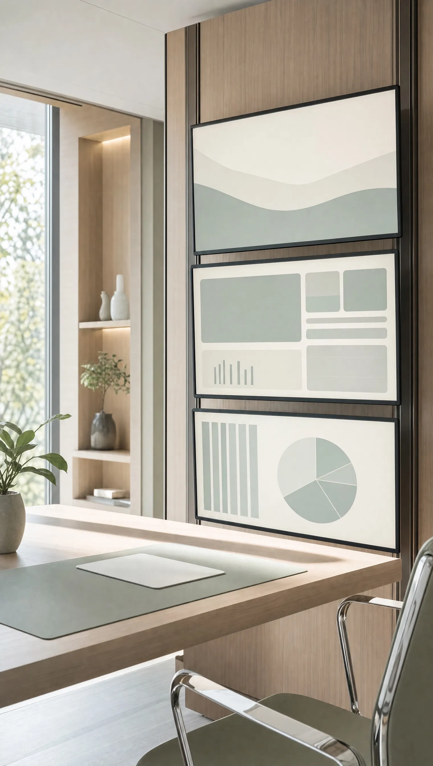 An office with three wall screens showing pages