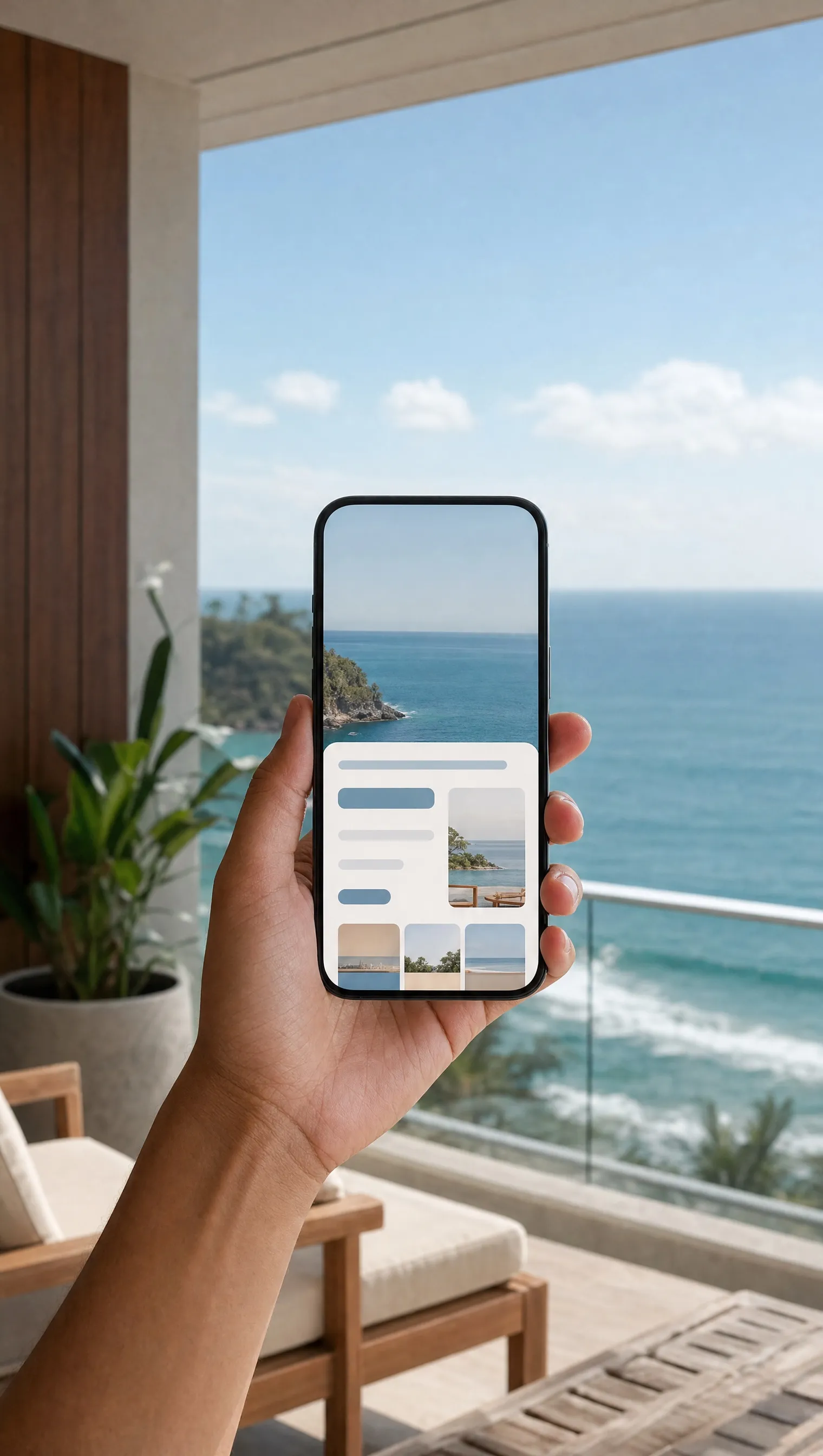 A hand holding a phone with a booking page, the sea behind