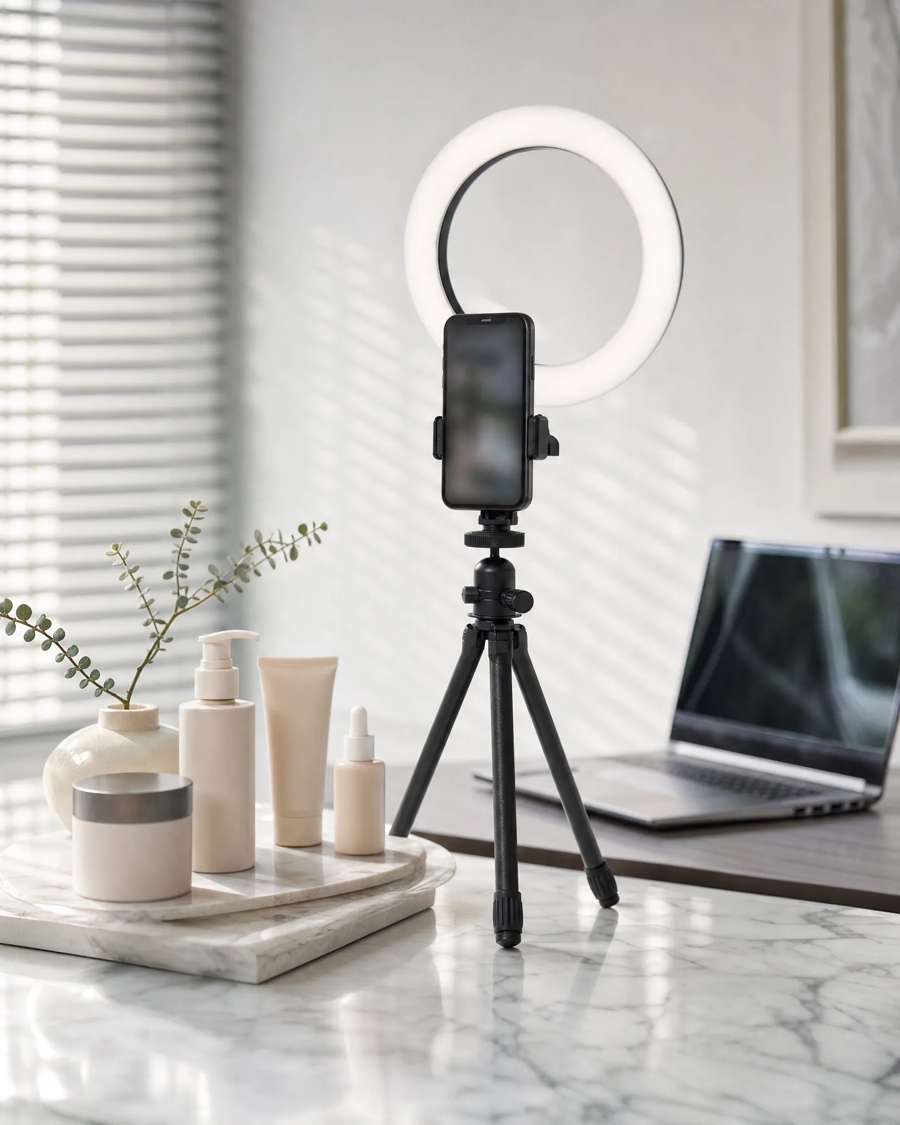 A phone on a tripod with a ring light and products on a table