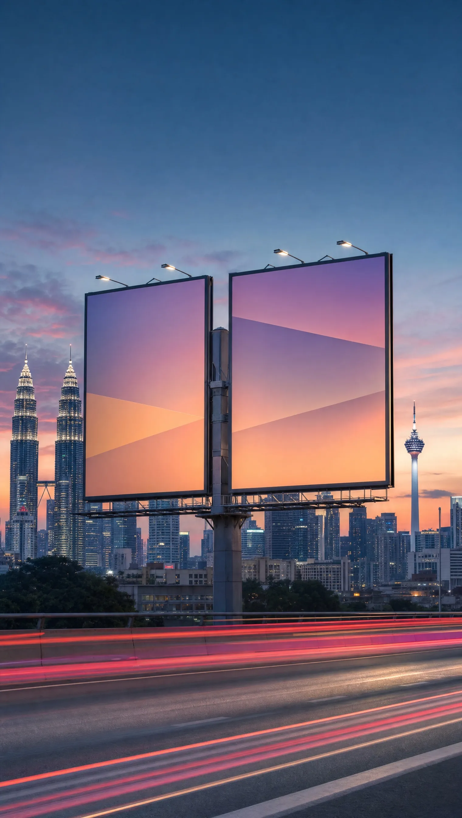 Two blank billboards above a road at dusk