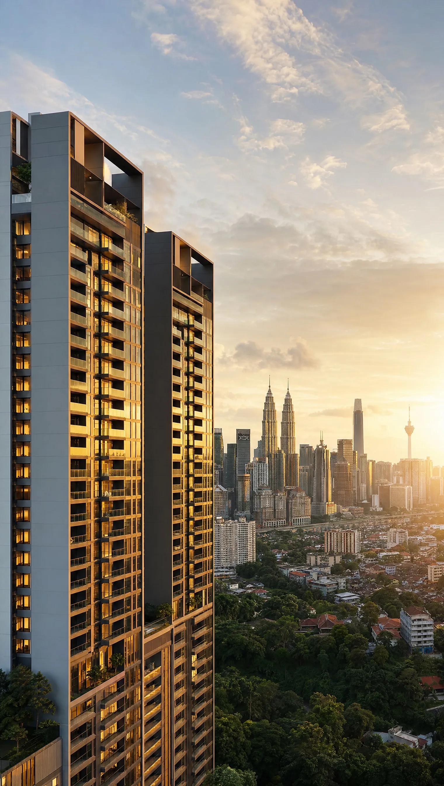 The Kuala Lumpur skyline with new condominium towers at golden hour
