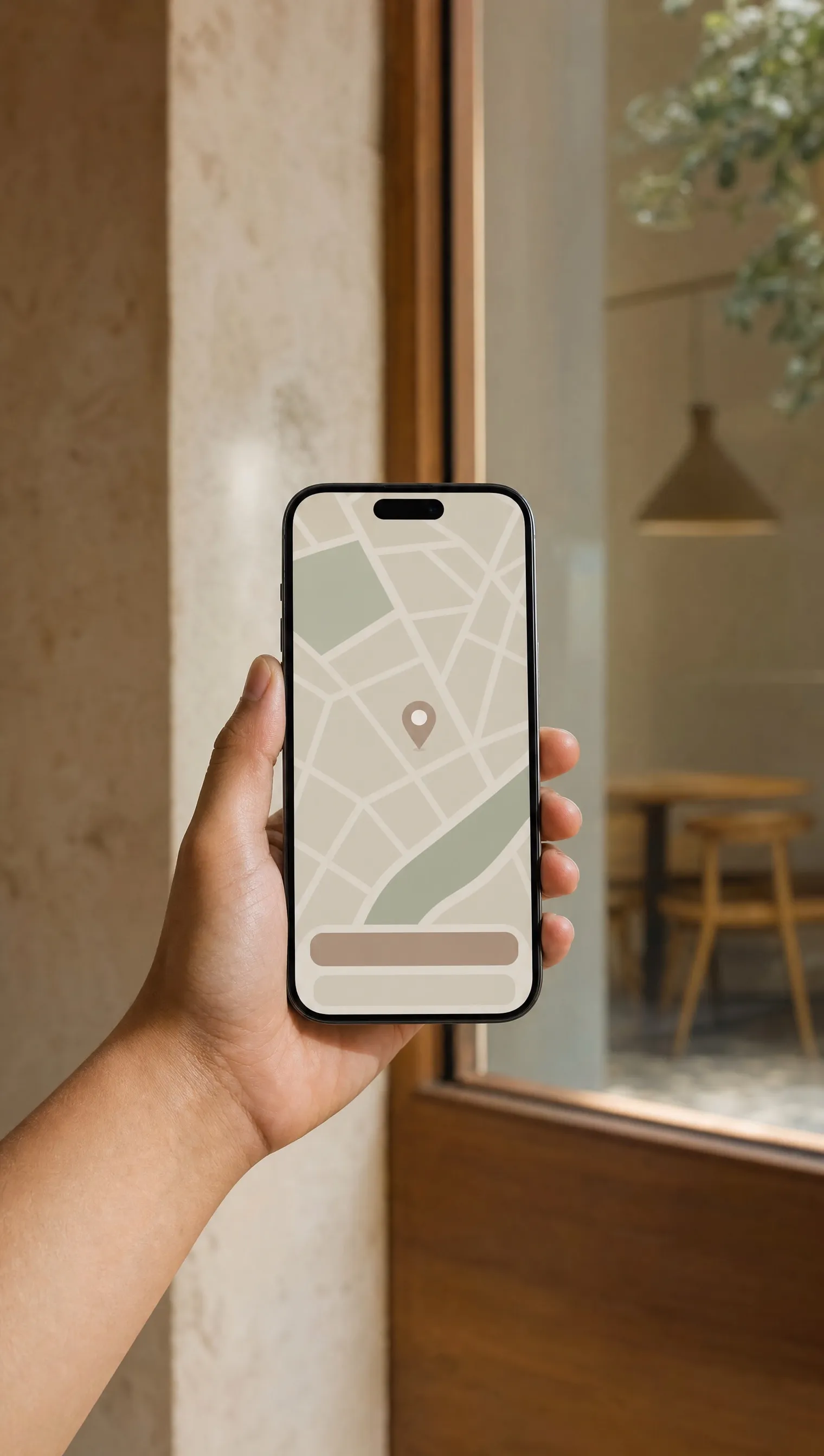 A hand holding a phone with a map and one pin