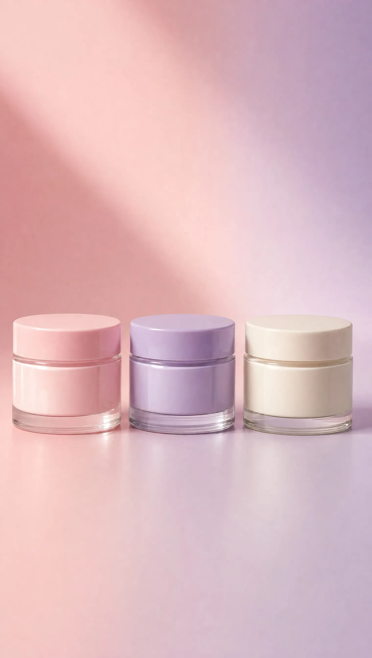 Three skincare jars in pink, lilac and cream
