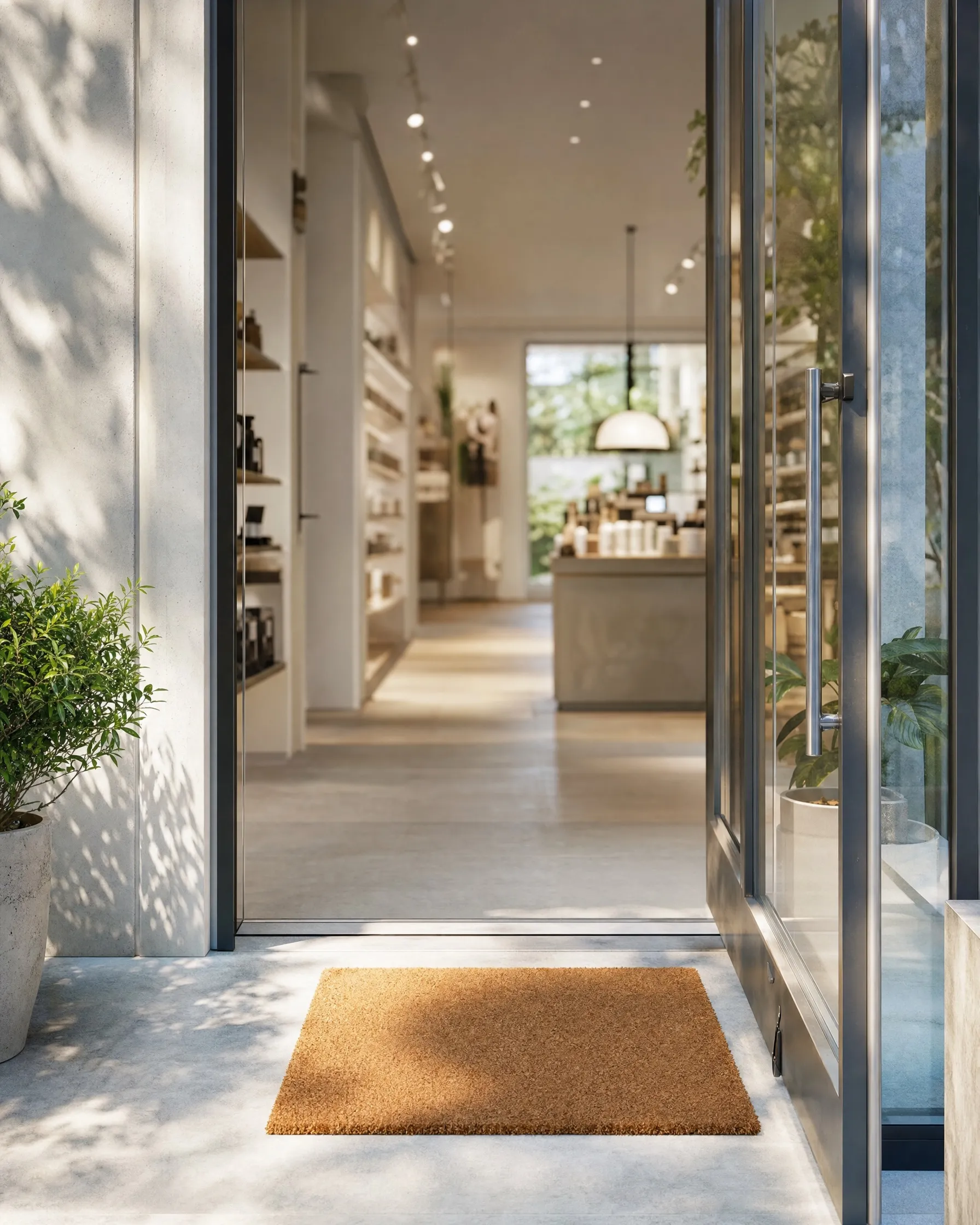 A store entrance standing open in morning light