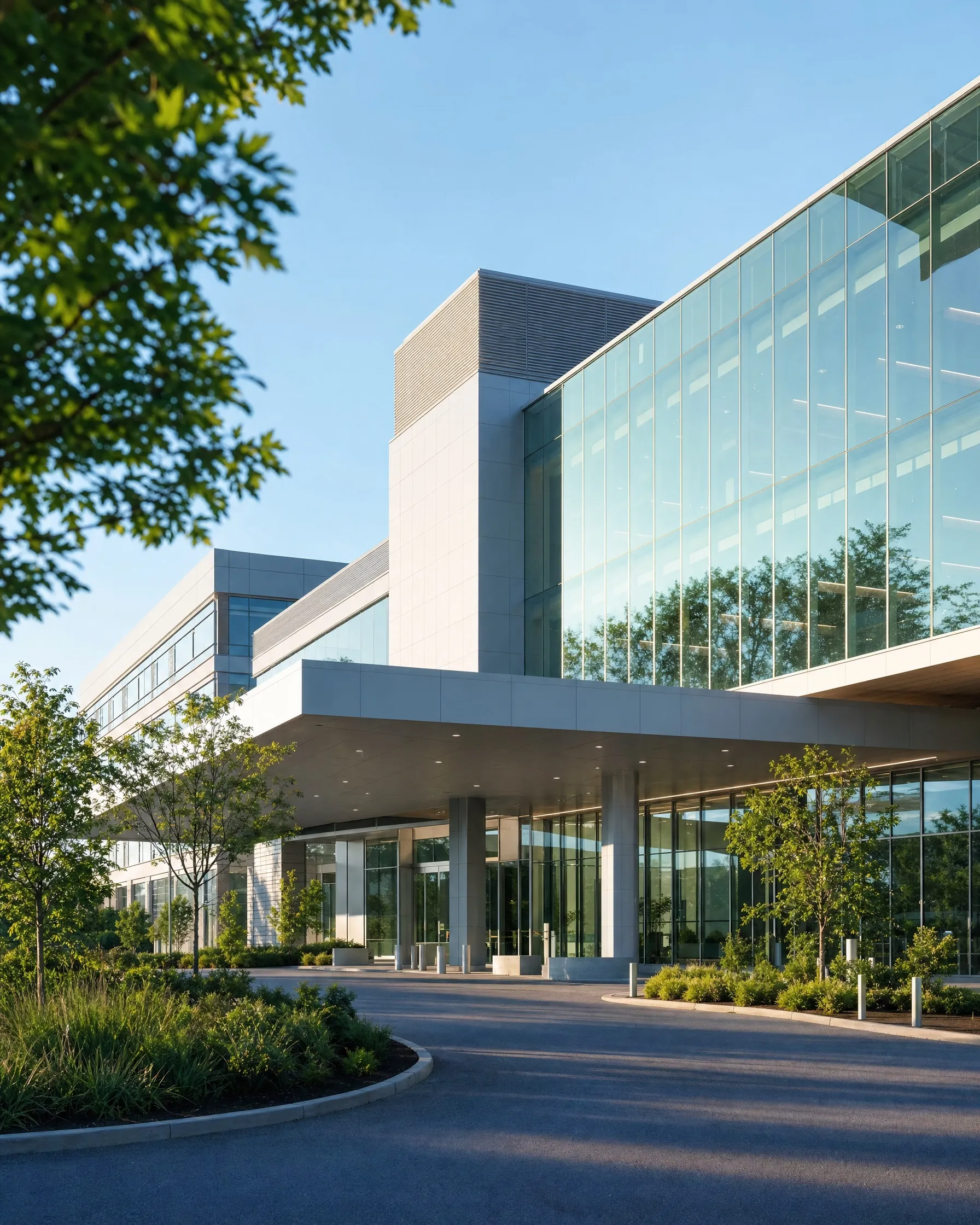 A modern hospital building with glass and trees