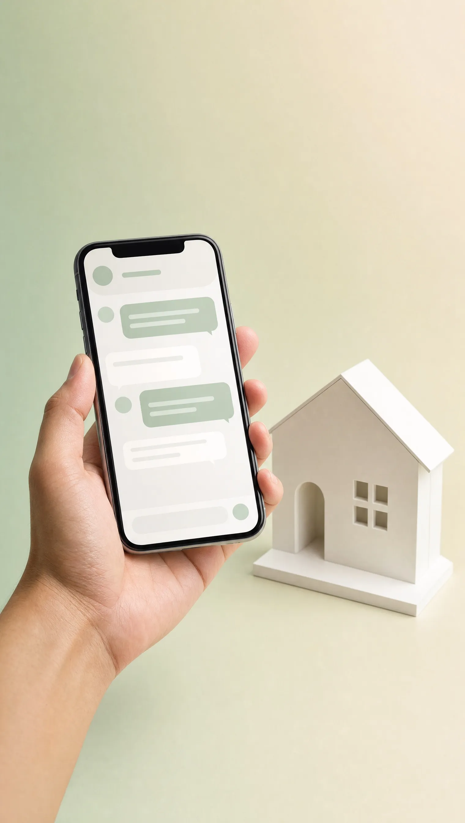 A hand holding a phone with a chat screen, a house model beside it