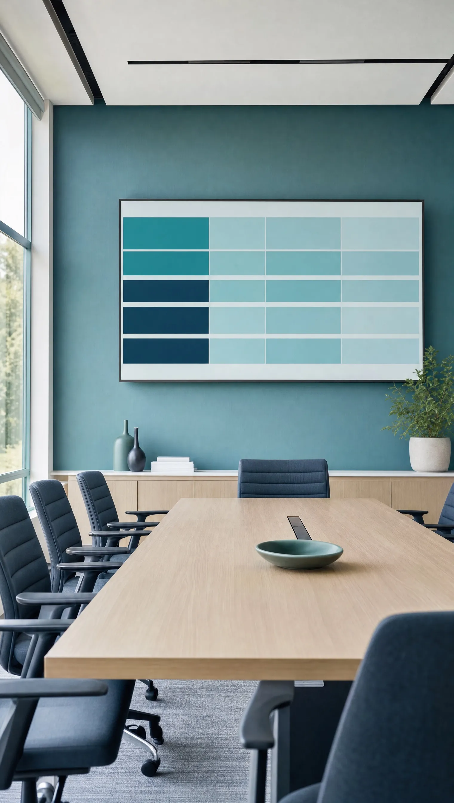 An office with a wall screen showing a grid
