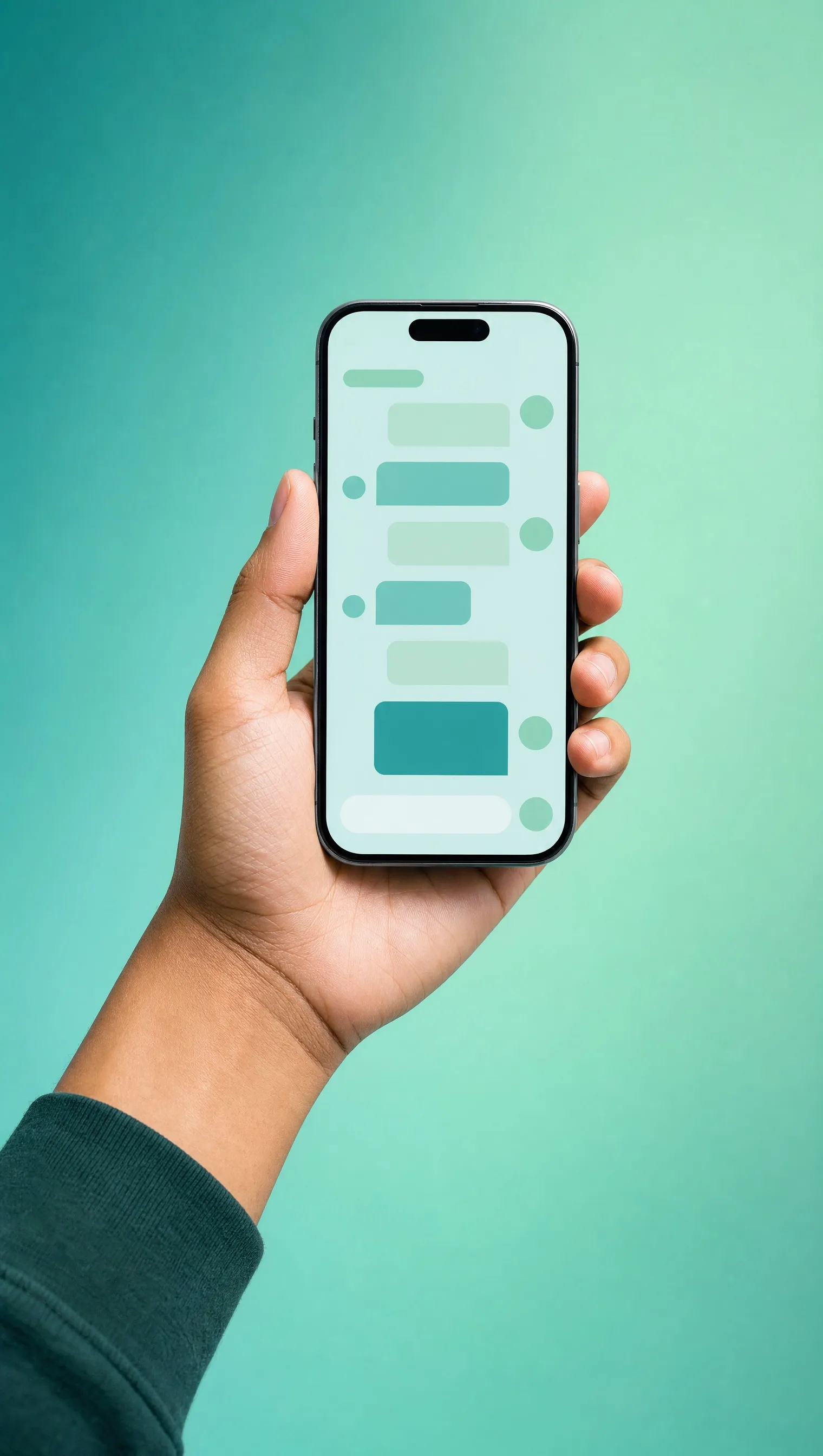 A hand holding a phone with a chat screen
