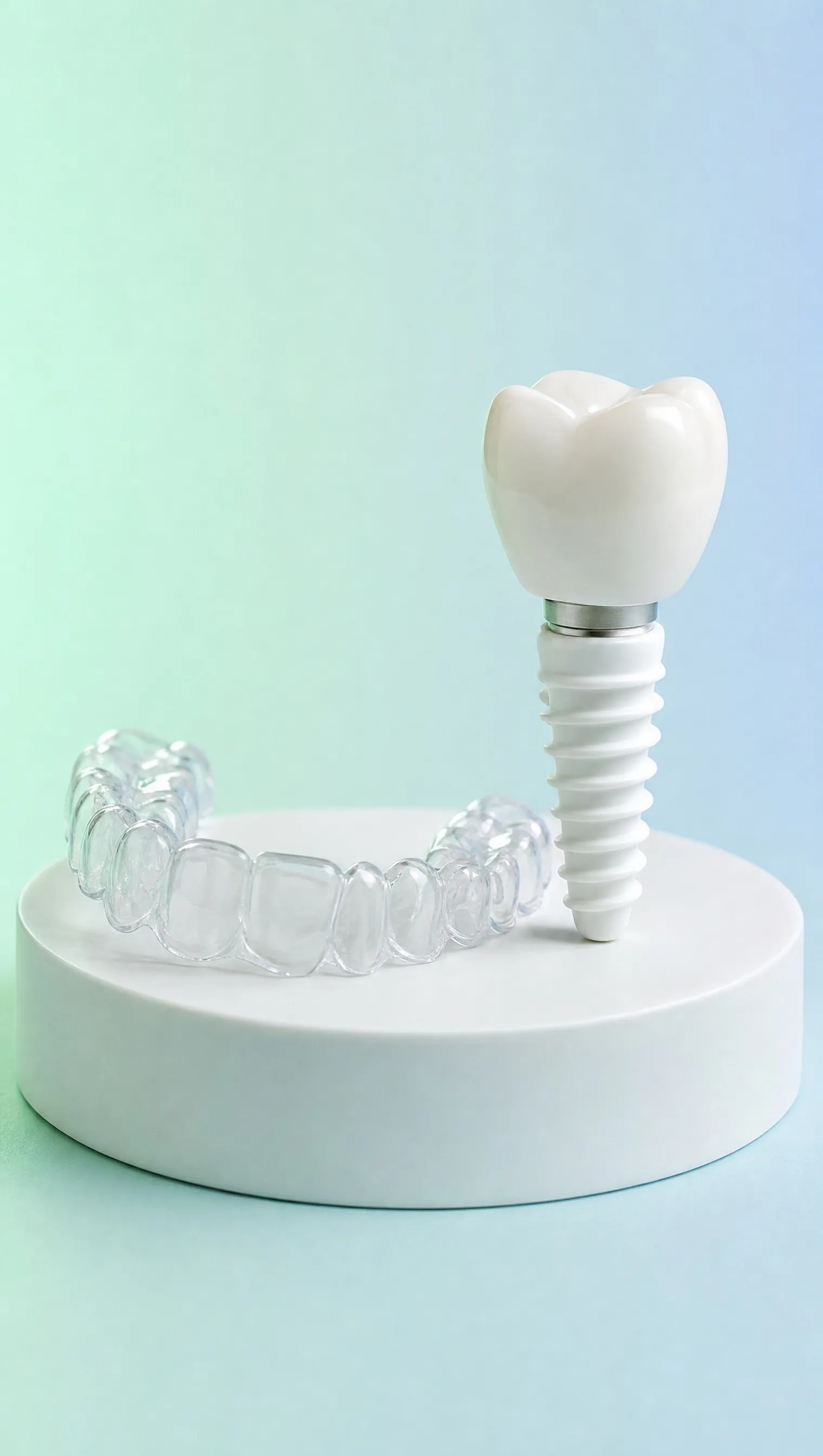 A clear aligner and a dental implant model side by side