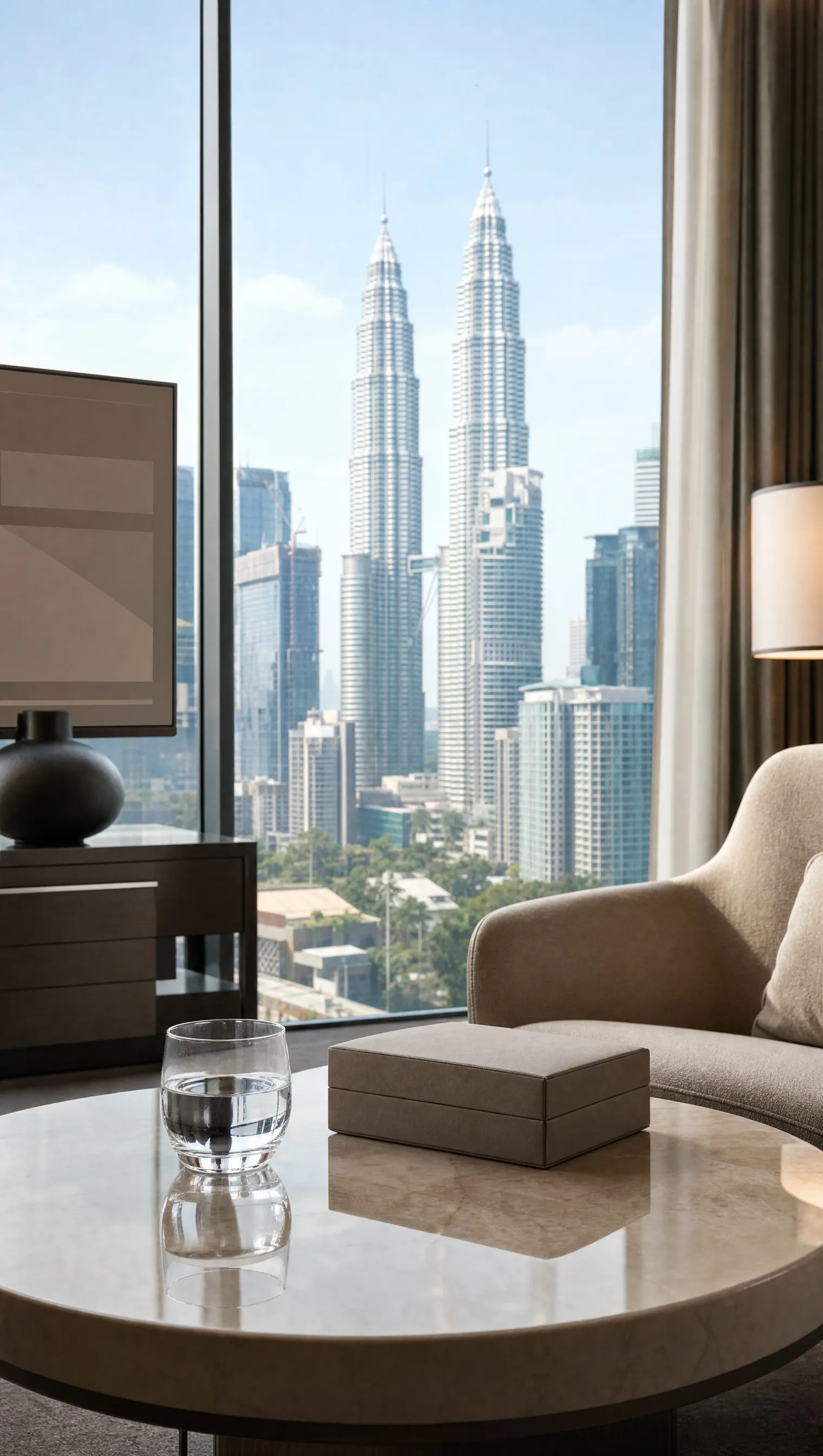A private lounge table with a watch box, Kuala Lumpur towers outside