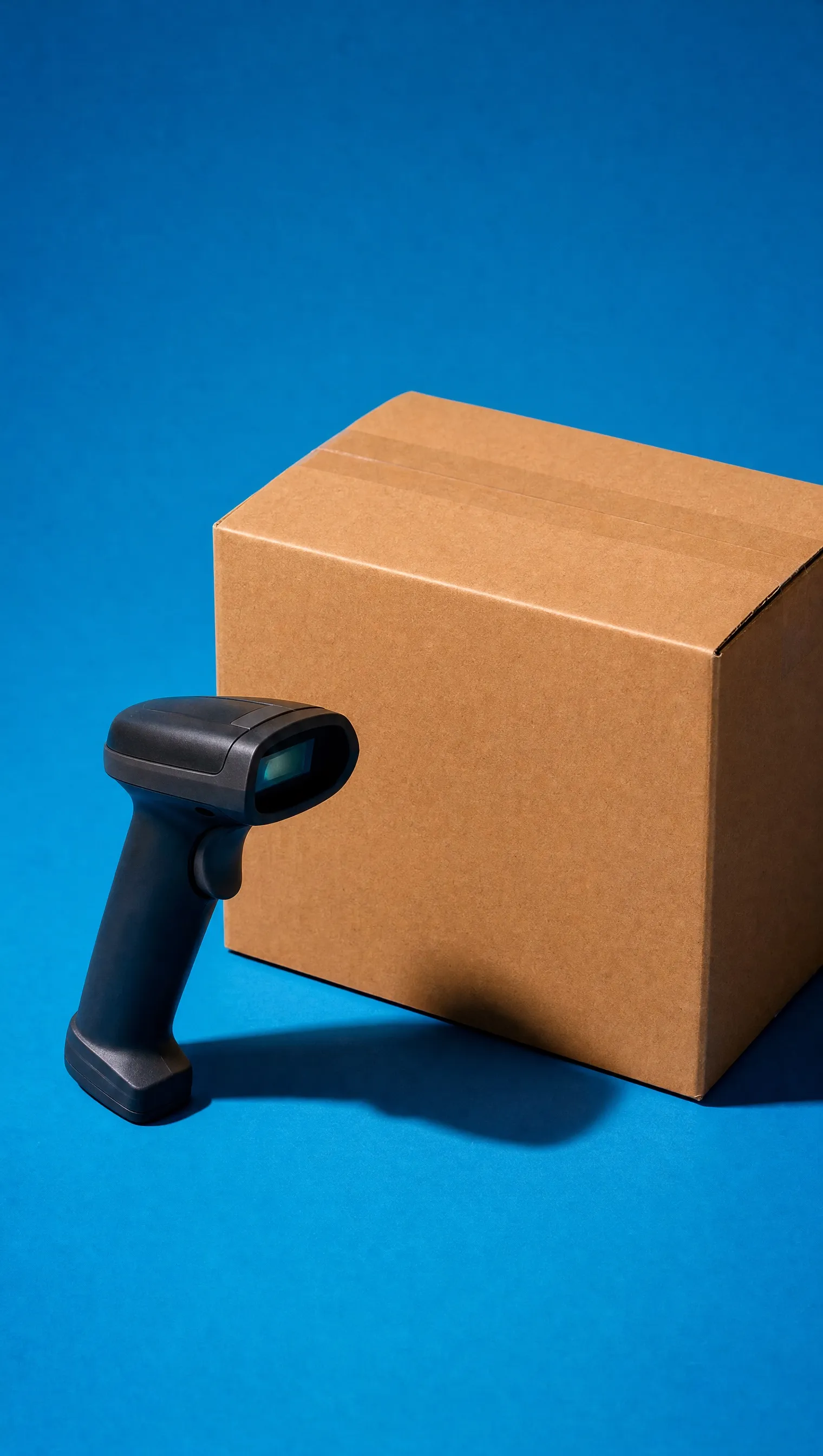 A barcode scanner and a parcel on a blue background